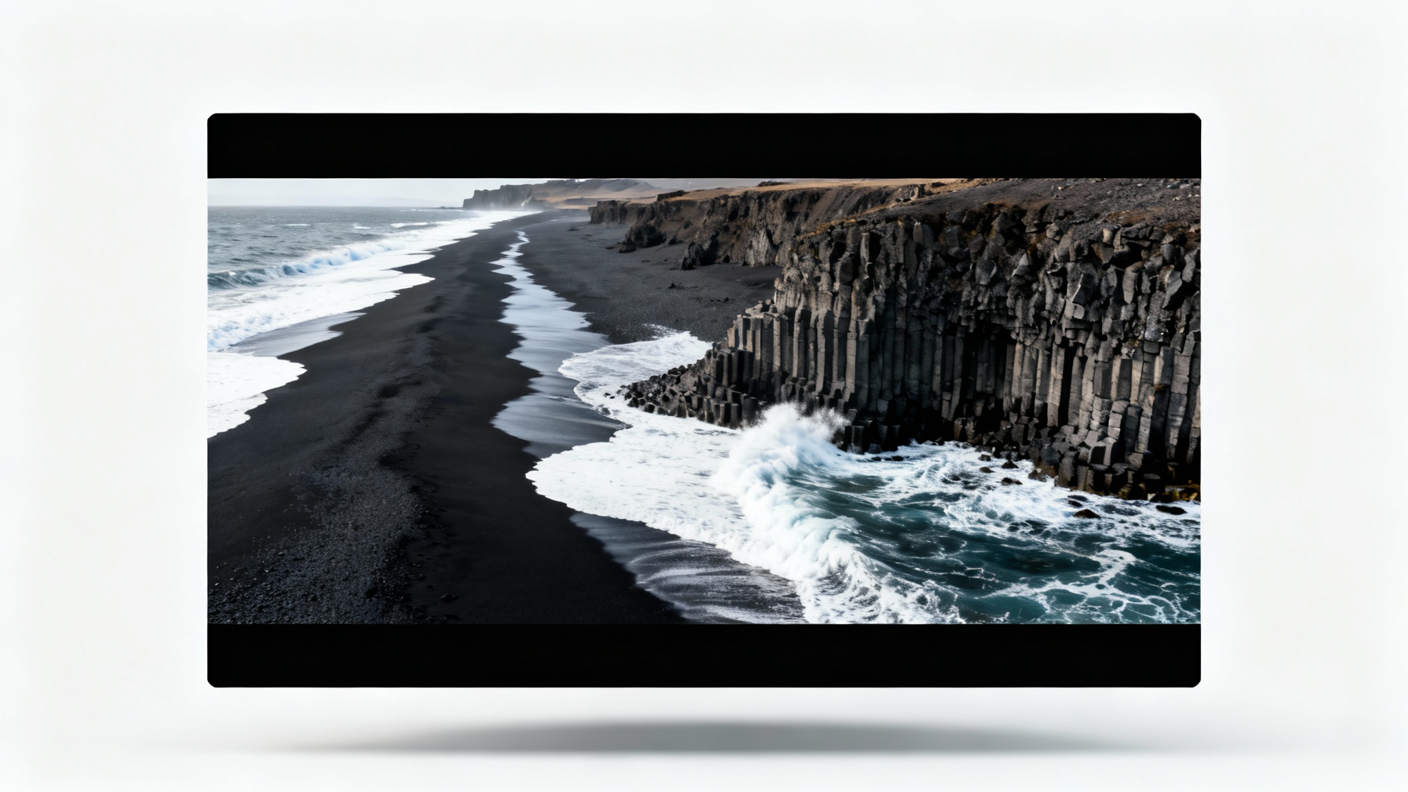 A mockup illustrating the letterbox effect, showing a cinematic photo of an Icelandic coastline with black bars at the top and bottom, presented against a clean white background.
