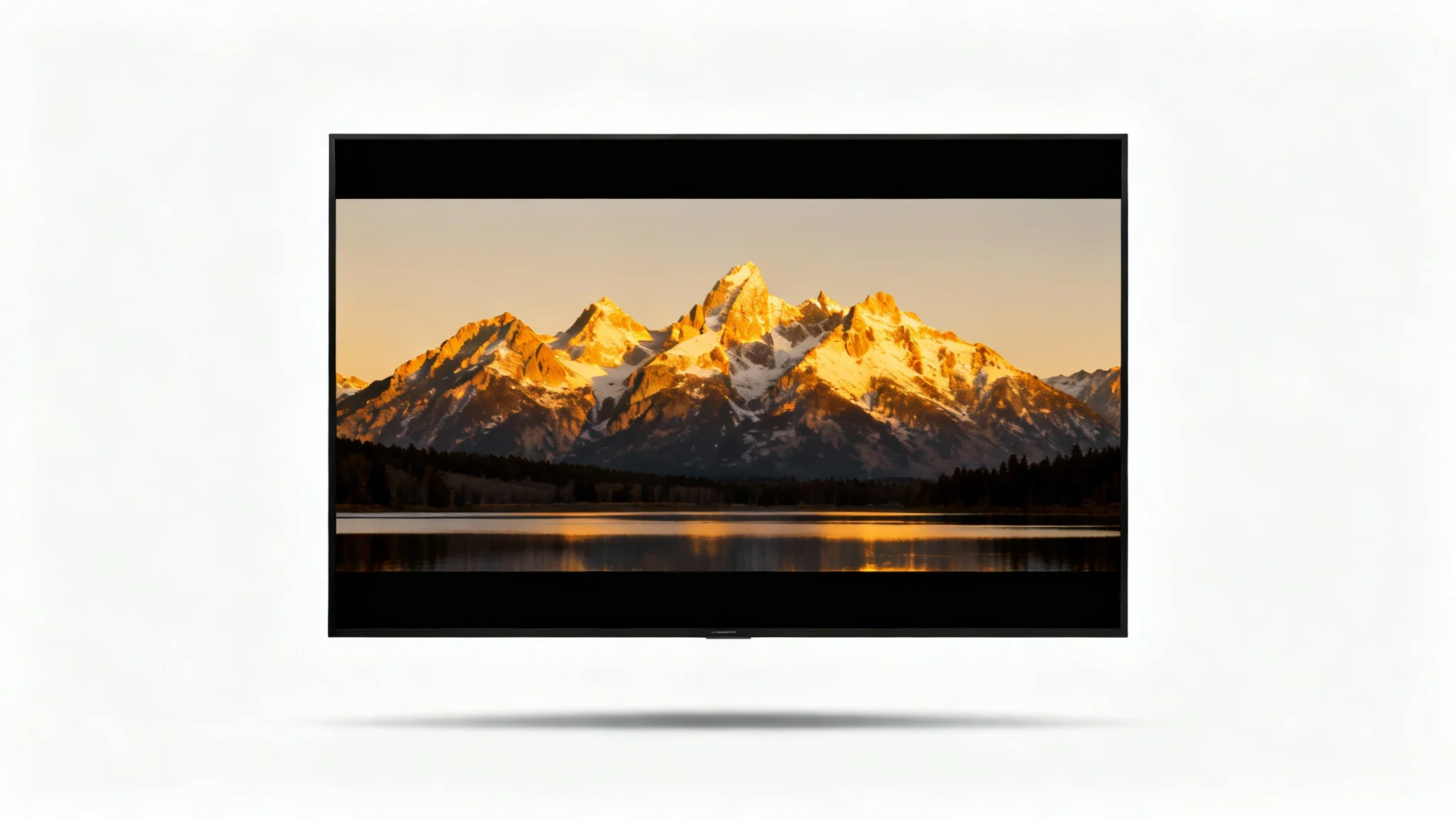 A photograph of a mountain landscape at sunset, modified with black bars at the top and bottom to demonstrate a cinematic letterbox effect. The image is presented as a mockup on a plain white background.