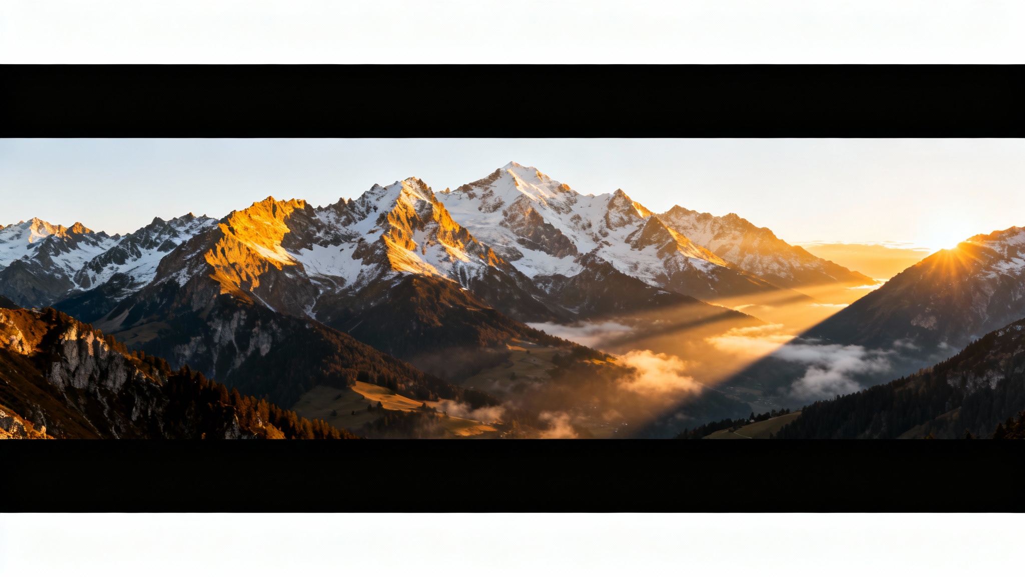 A dramatic landscape photo of a mountain range at sunrise, edited with black letterbox bars at the top and bottom to create a cinematic widescreen effect, displayed on a white background.