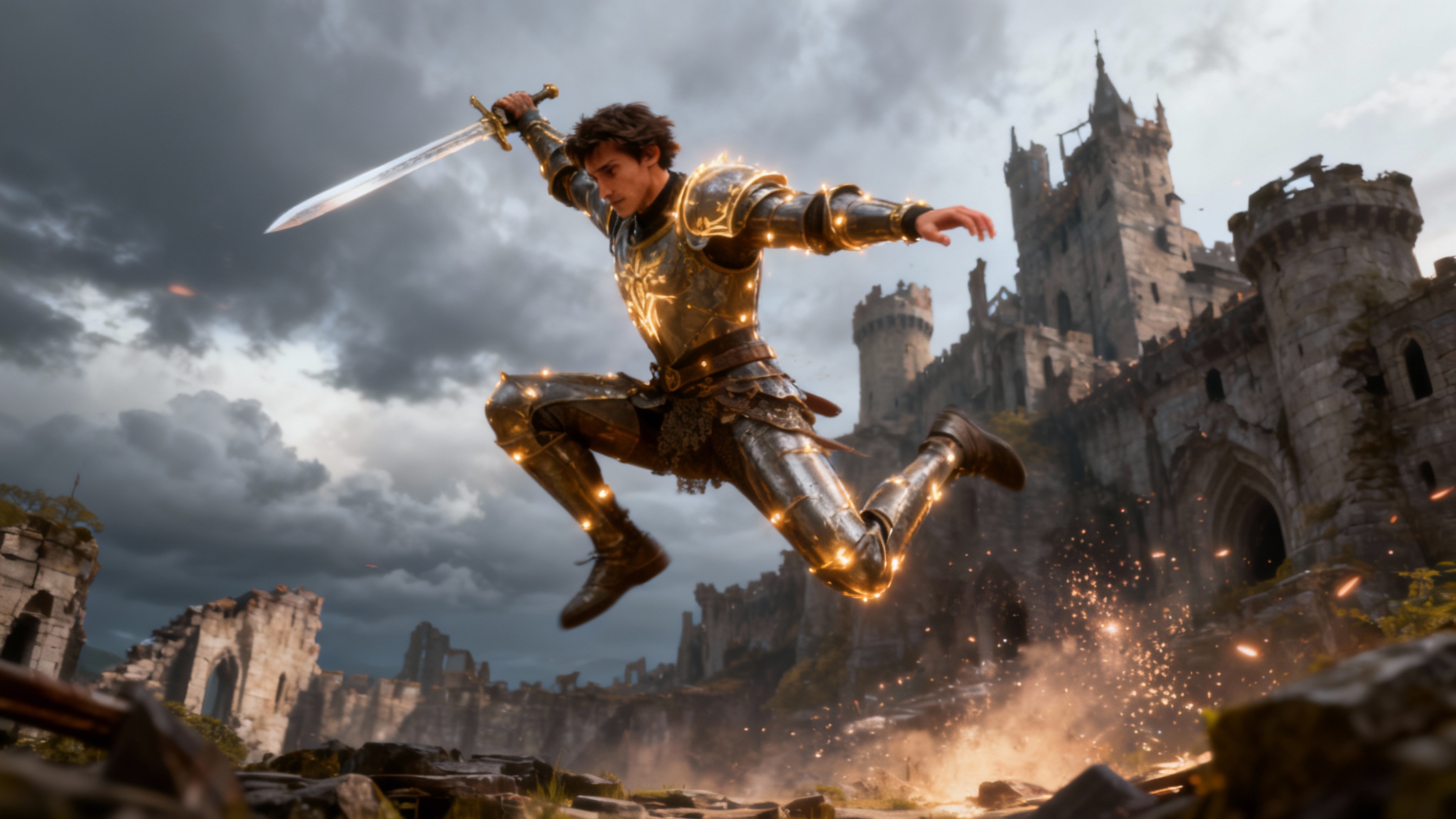 A final, polished 3D render of a fantasy knight character mid-leap in a ruined castle setting, demonstrating the high-quality animation result from an AI motion capture tool.