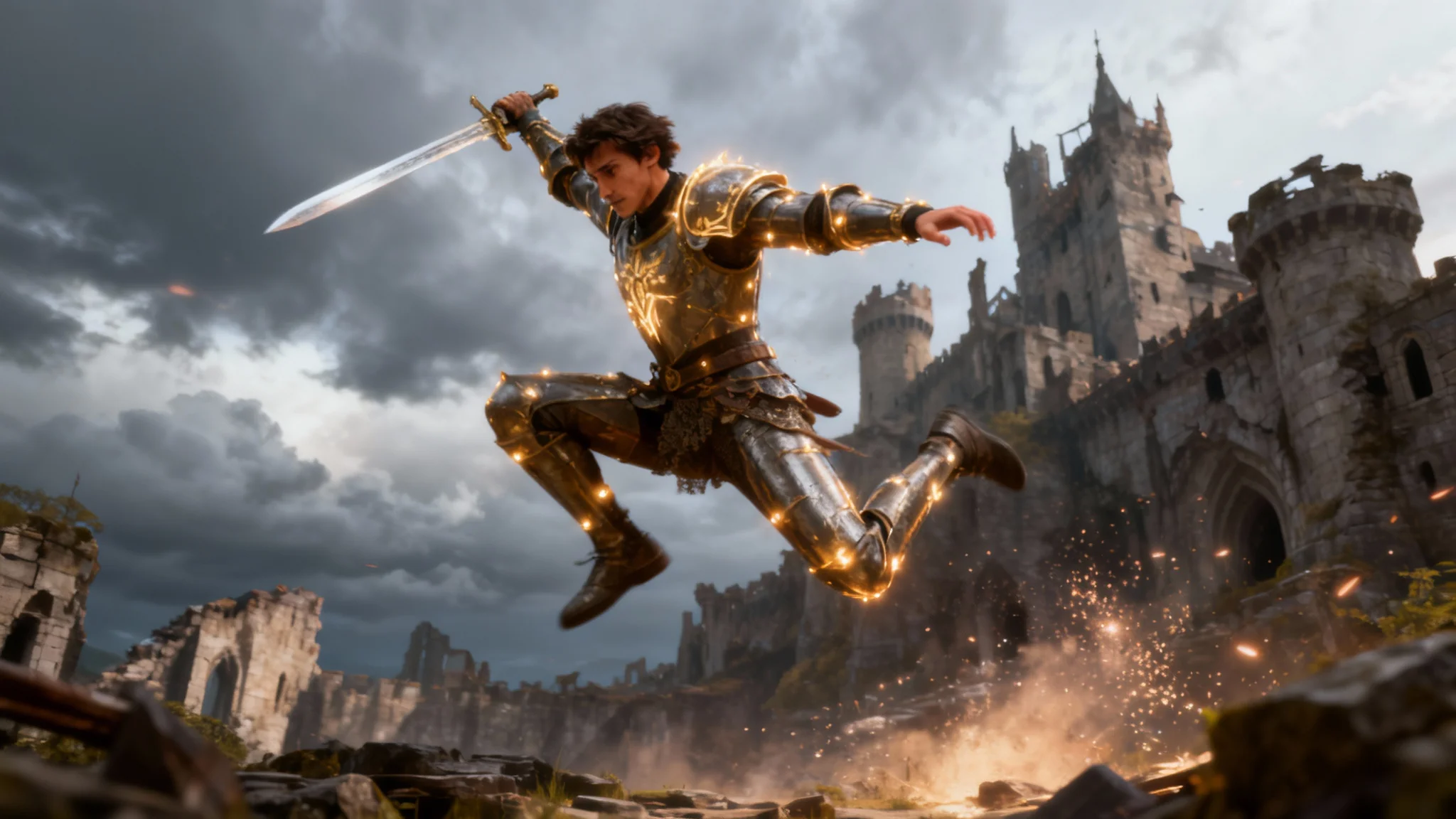 A final, polished 3D render of a fantasy knight character mid-leap in a ruined castle setting, demonstrating the high-quality animation result from an AI motion capture tool.