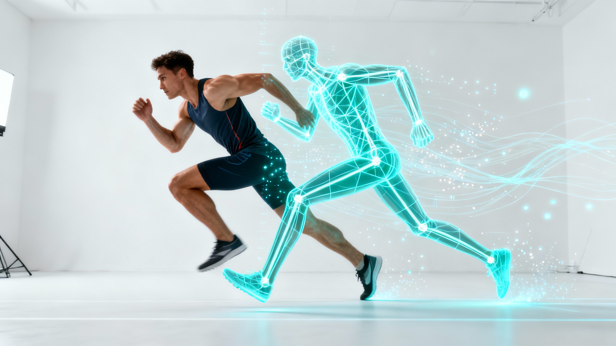 An athlete sprints, their body transitioning from realistic to a glowing blue digital wireframe, illustrating the concept of AI motion capture against a white background.