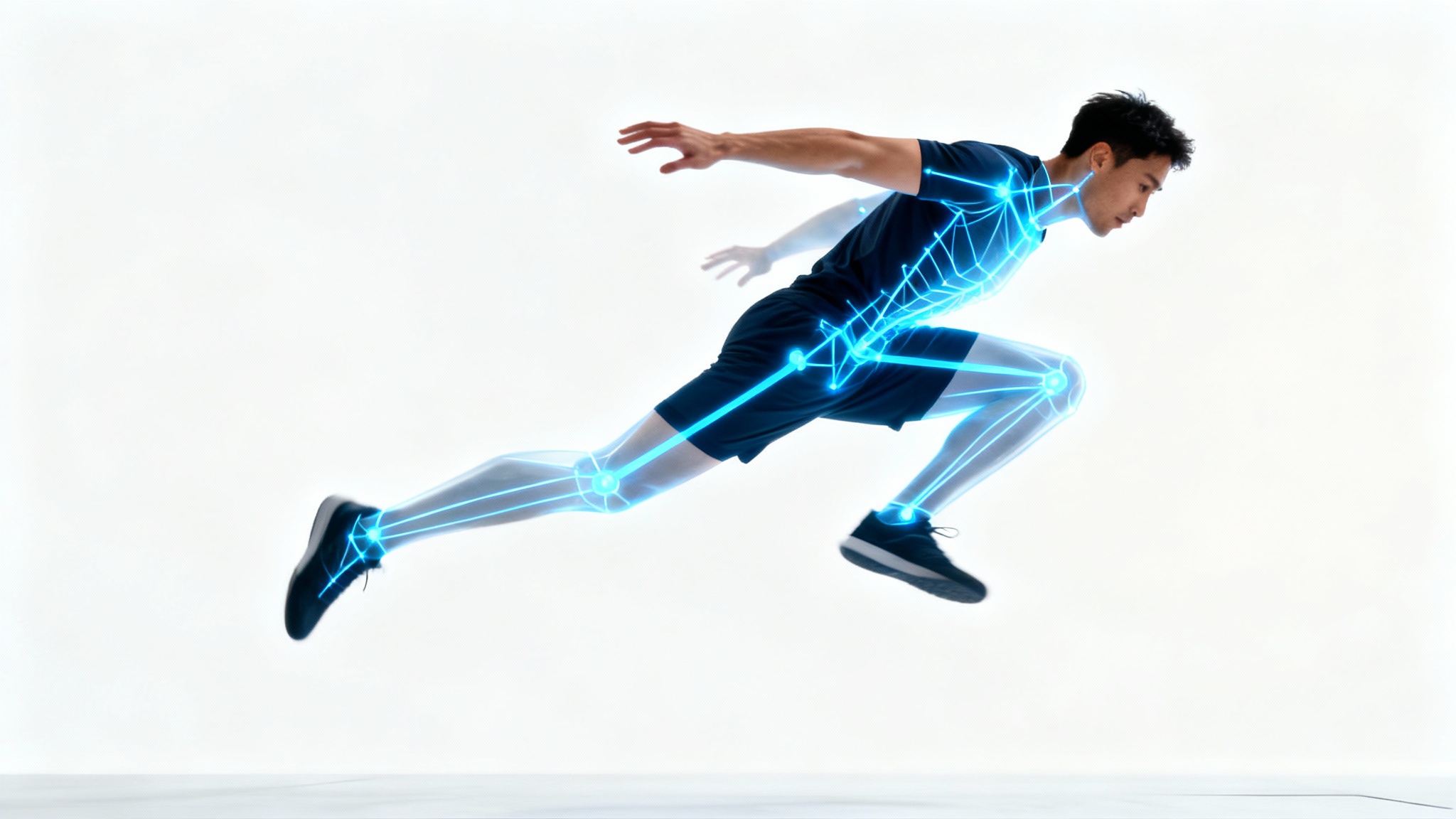 An athlete in mid-jump has a glowing blue digital skeleton overlaid on his body, perfectly matching his pose against a white background, demonstrating AI motion capture technology.