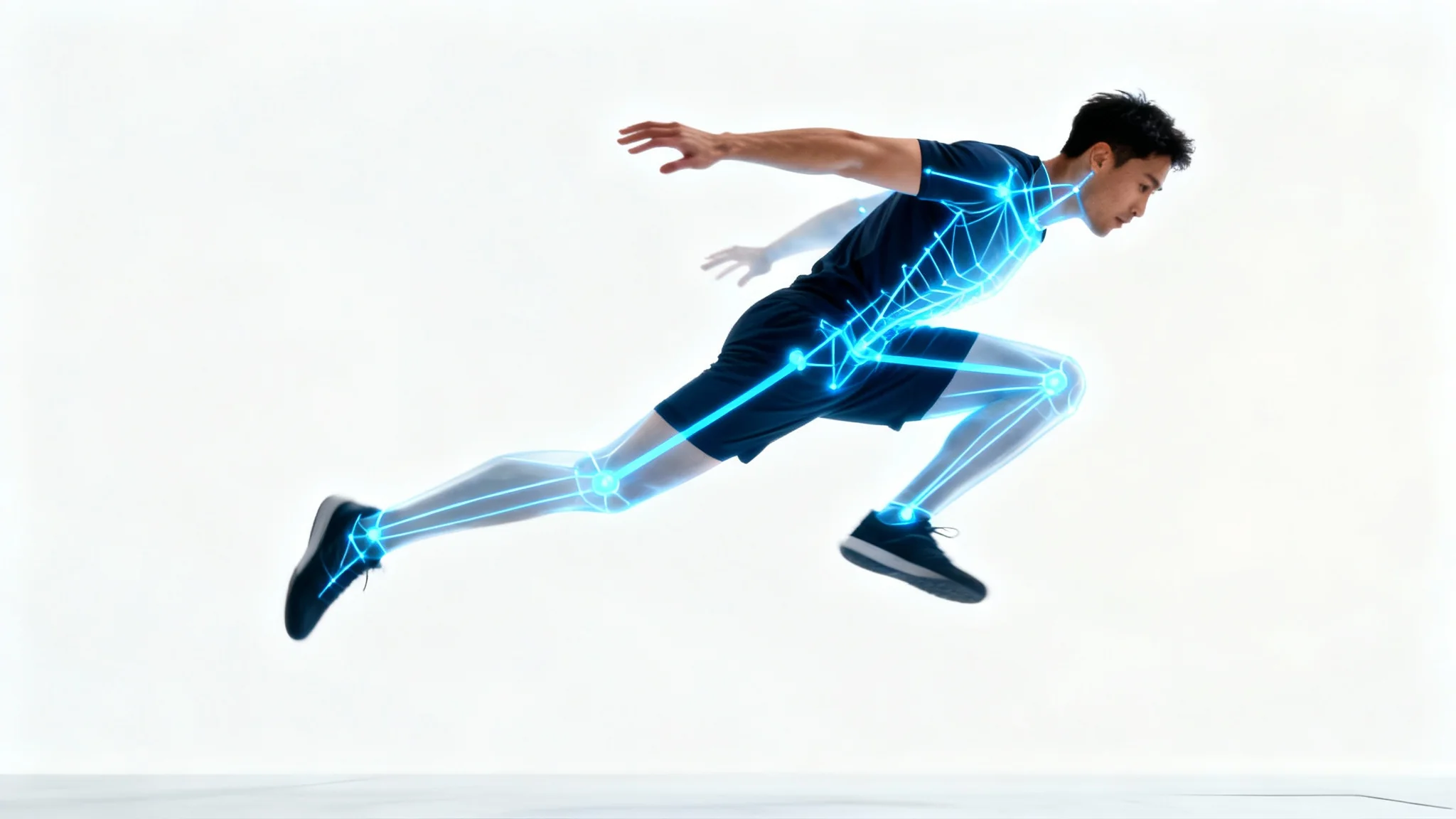 An athlete in mid-jump has a glowing blue digital skeleton overlaid on his body, perfectly matching his pose against a white background, demonstrating AI motion capture technology.