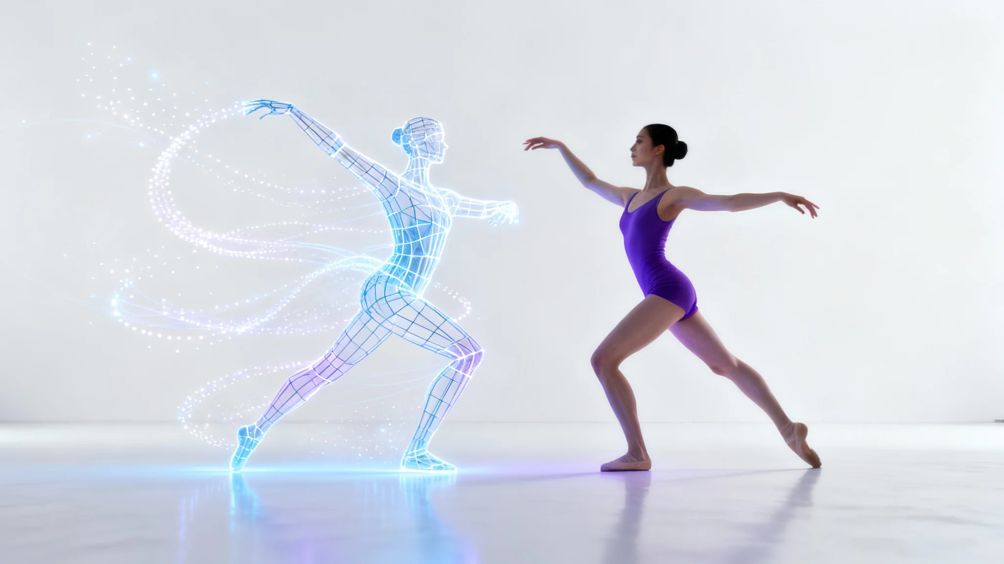 A female dancer in a dynamic pose is shown next to a glowing blue digital wireframe of her body, illustrating the concept of AI motion capture against a clean white background.