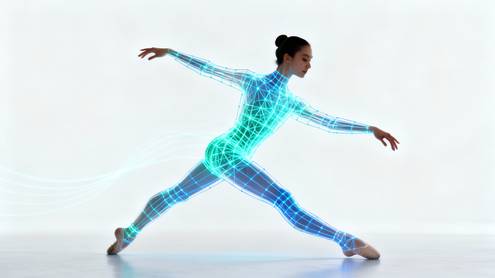 A dancer in mid-motion with a glowing blue digital wireframe overlay tracking their movements, representing AI motion capture.
