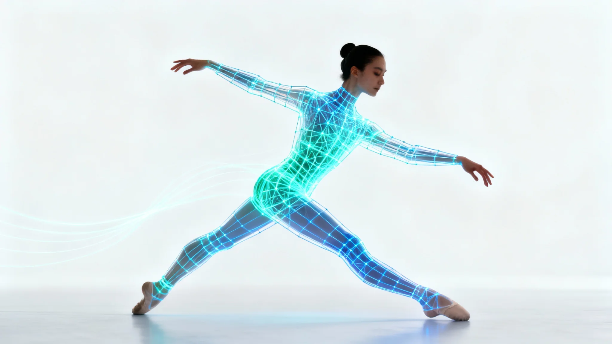 A dancer in mid-motion with a glowing blue digital wireframe overlay tracking their movements, representing AI motion capture.