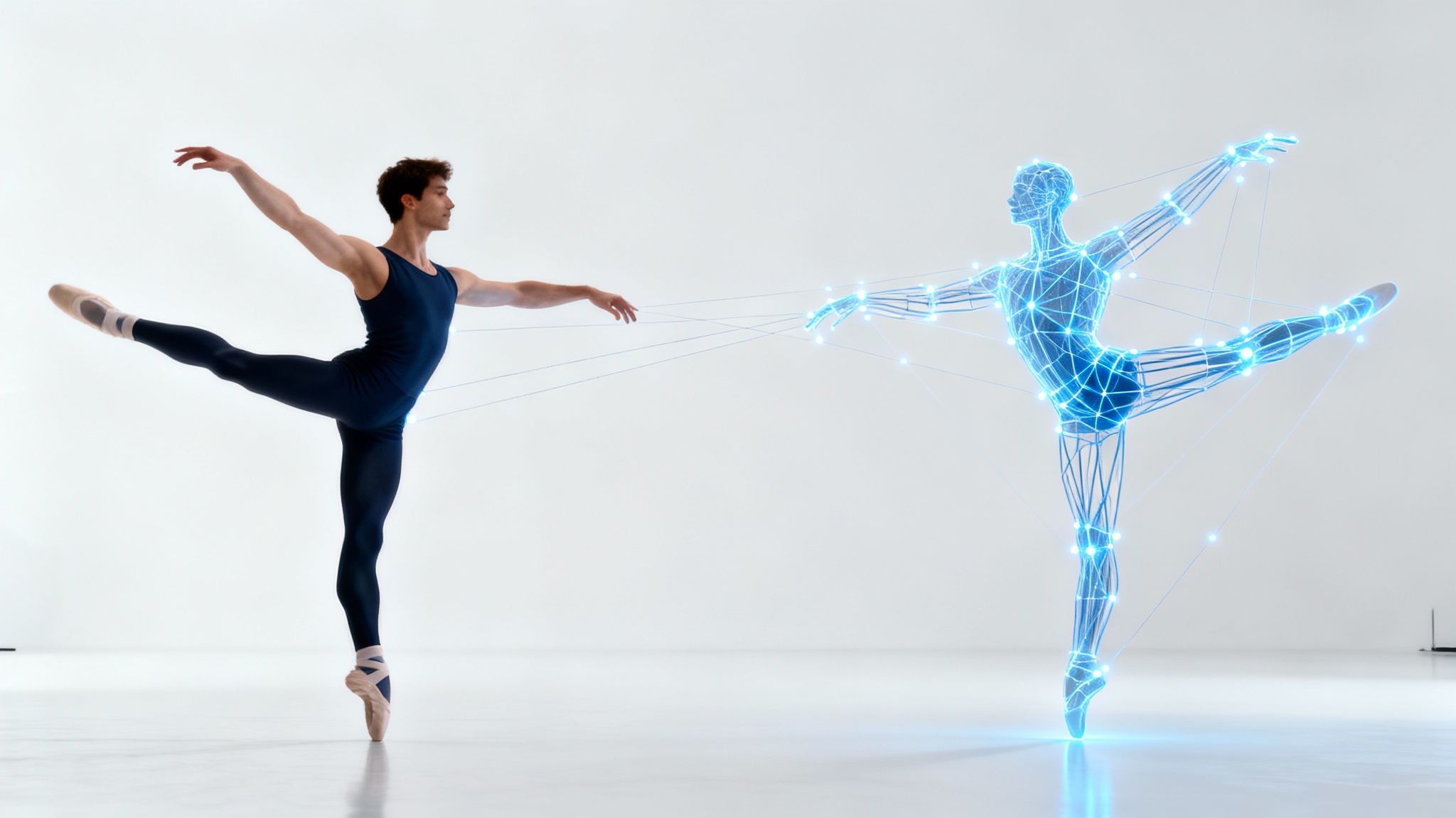 A male dancer in mid-motion is shown next to a glowing blue wireframe avatar that perfectly mimics his pose, demonstrating AI motion capture against a white background.