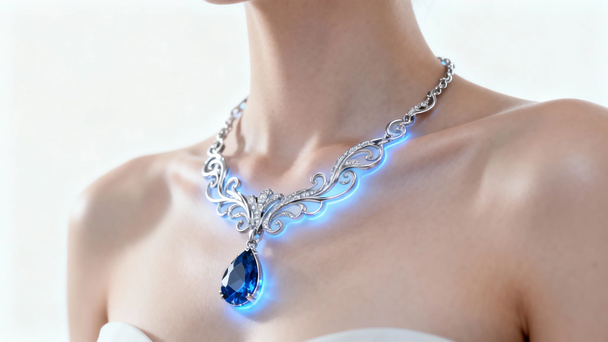 A photorealistic mockup of a virtual necklace try-on, showing a detailed sapphire necklace digitally placed on a woman's neck against a plain white background.