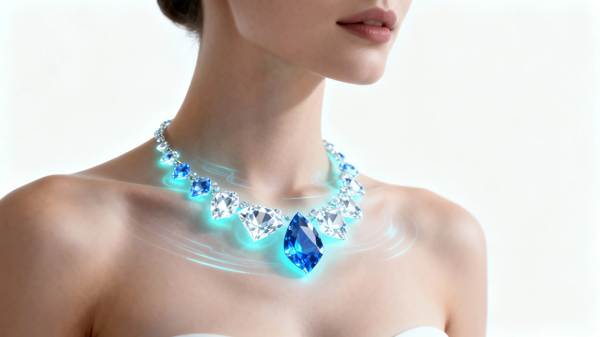 A close-up photorealistic mockup of a virtual necklace try-on, showing an intricate, glowing sapphire and diamond necklace hovering just above a woman's neck against a plain white background.