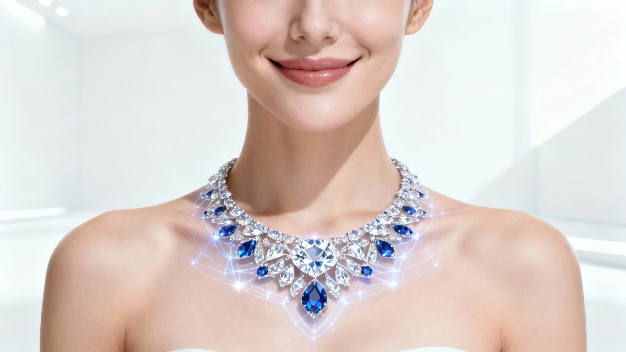 A photorealistic mockup of a virtual necklace try-on, showing a beautiful digital diamond and sapphire necklace perfectly fitted on a woman's neck against a clean white background.