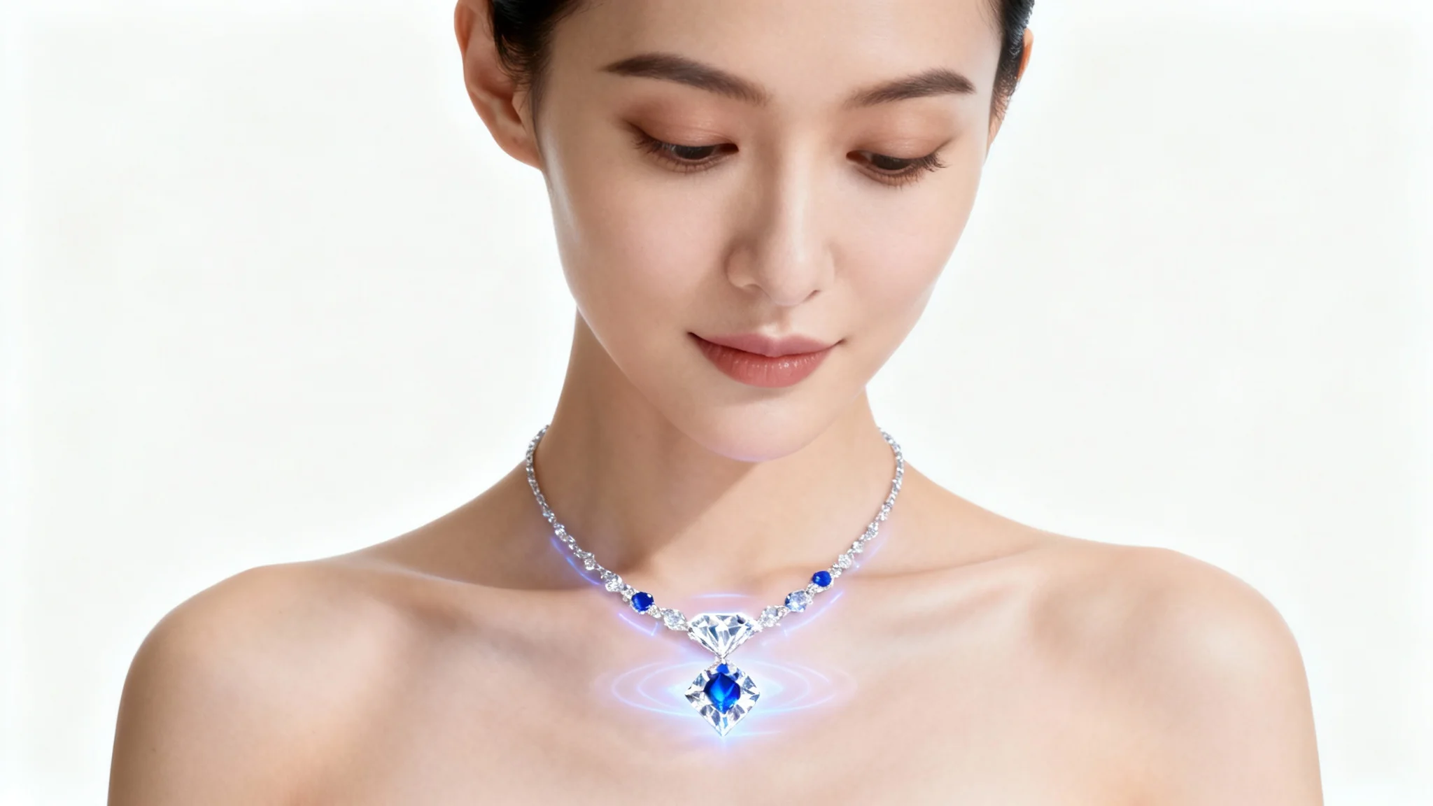 A realistic close-up of a woman's neck and collarbone with a digitally rendered diamond and sapphire necklace, demonstrating a virtual try-on feature against a clean white background.