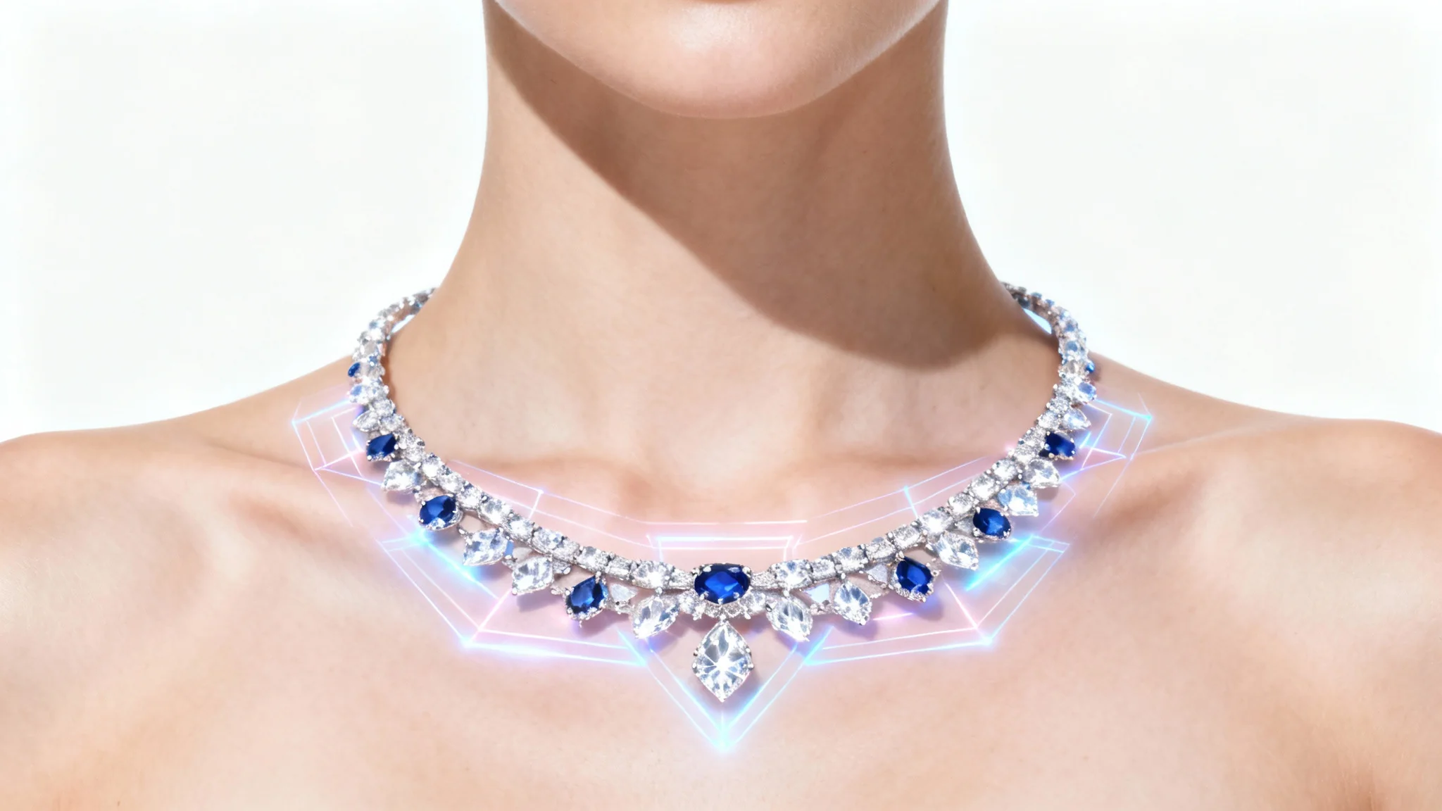 A photorealistic mockup of a virtual necklace try-on, showing a detailed, sparkling diamond necklace projected onto a woman's neck against a plain white background.