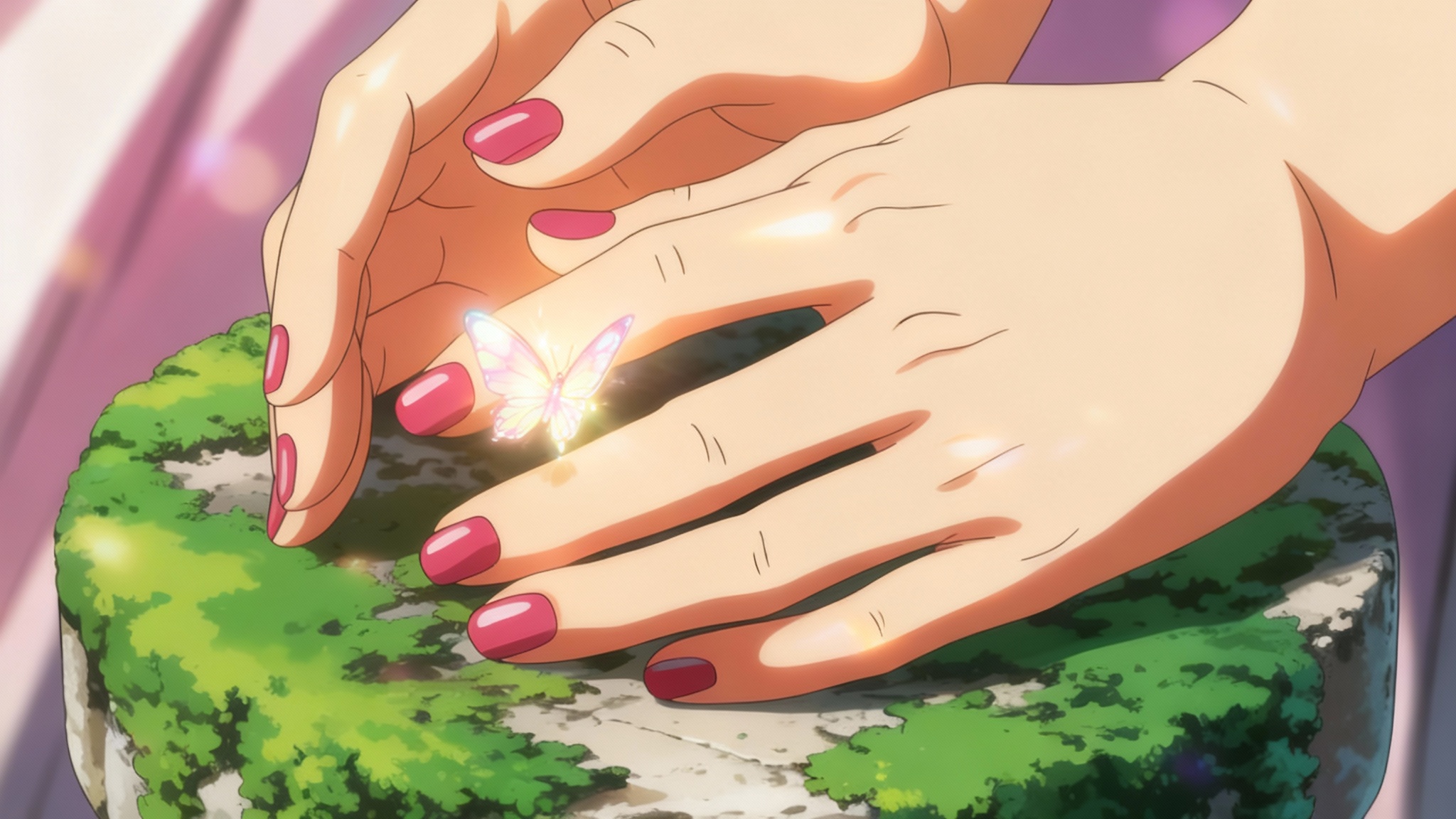 A close-up hero illustration of expertly shaded anime hands, one holding a glowing butterfly, demonstrating advanced lighting and shading techniques in a polished, cinematic style.