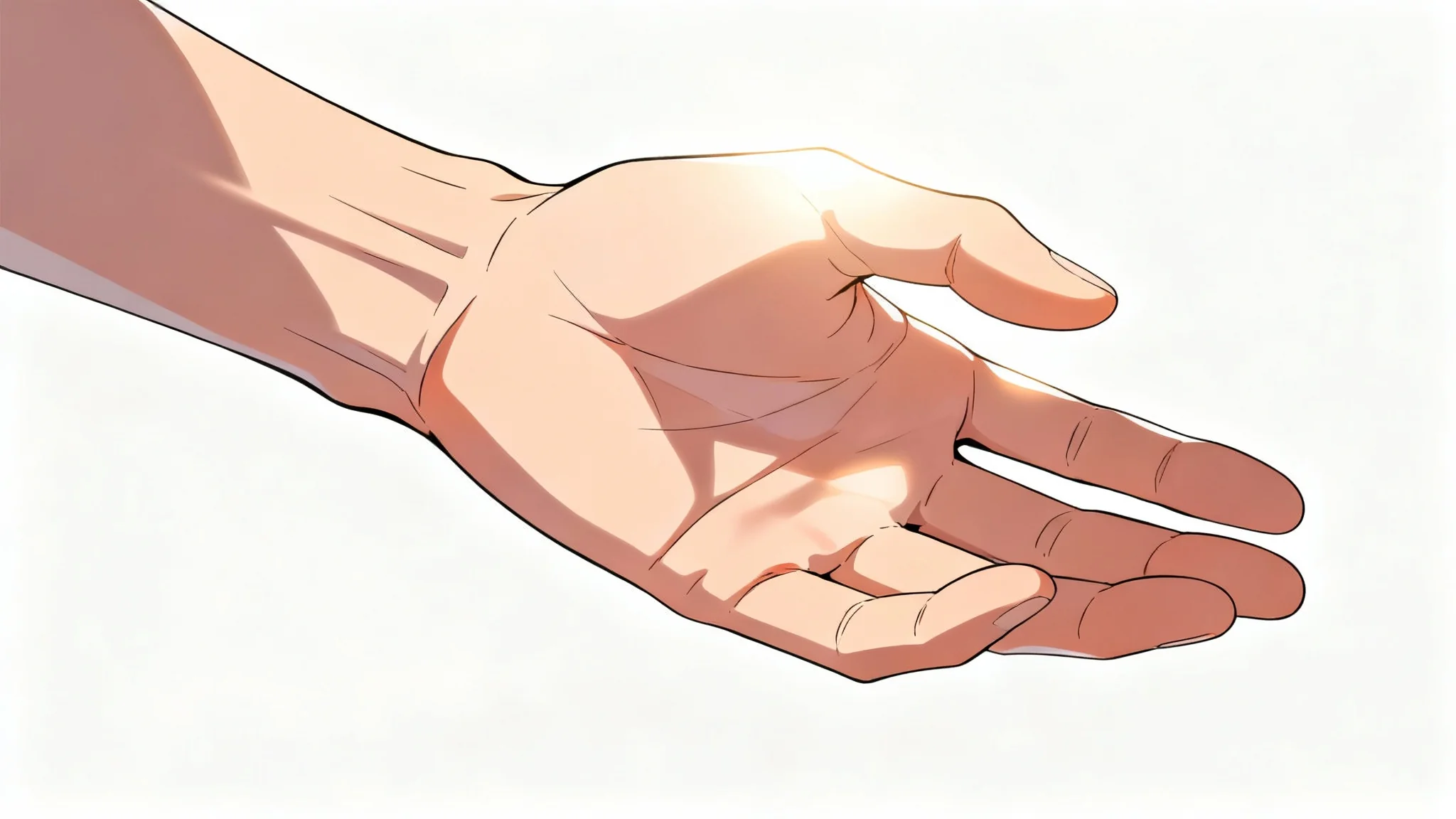 A digital illustration of a hand drawn in an anime style, demonstrating advanced shading techniques with soft lighting and shadows, isolated on a white background.
