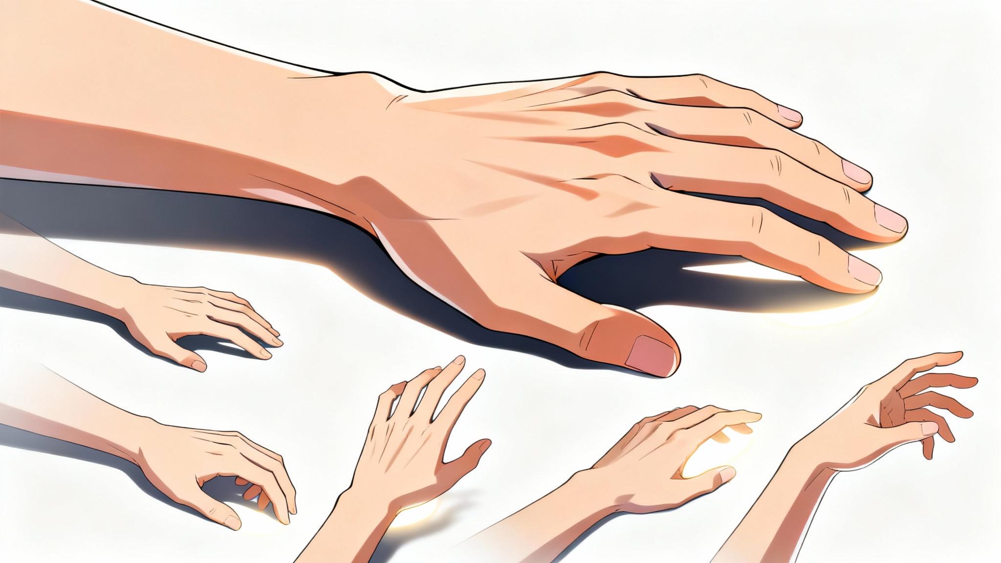 A digital illustration serving as a study guide for anime hand shading, featuring multiple hands drawn in anime style with different lighting effects to demonstrate shadow and volume.