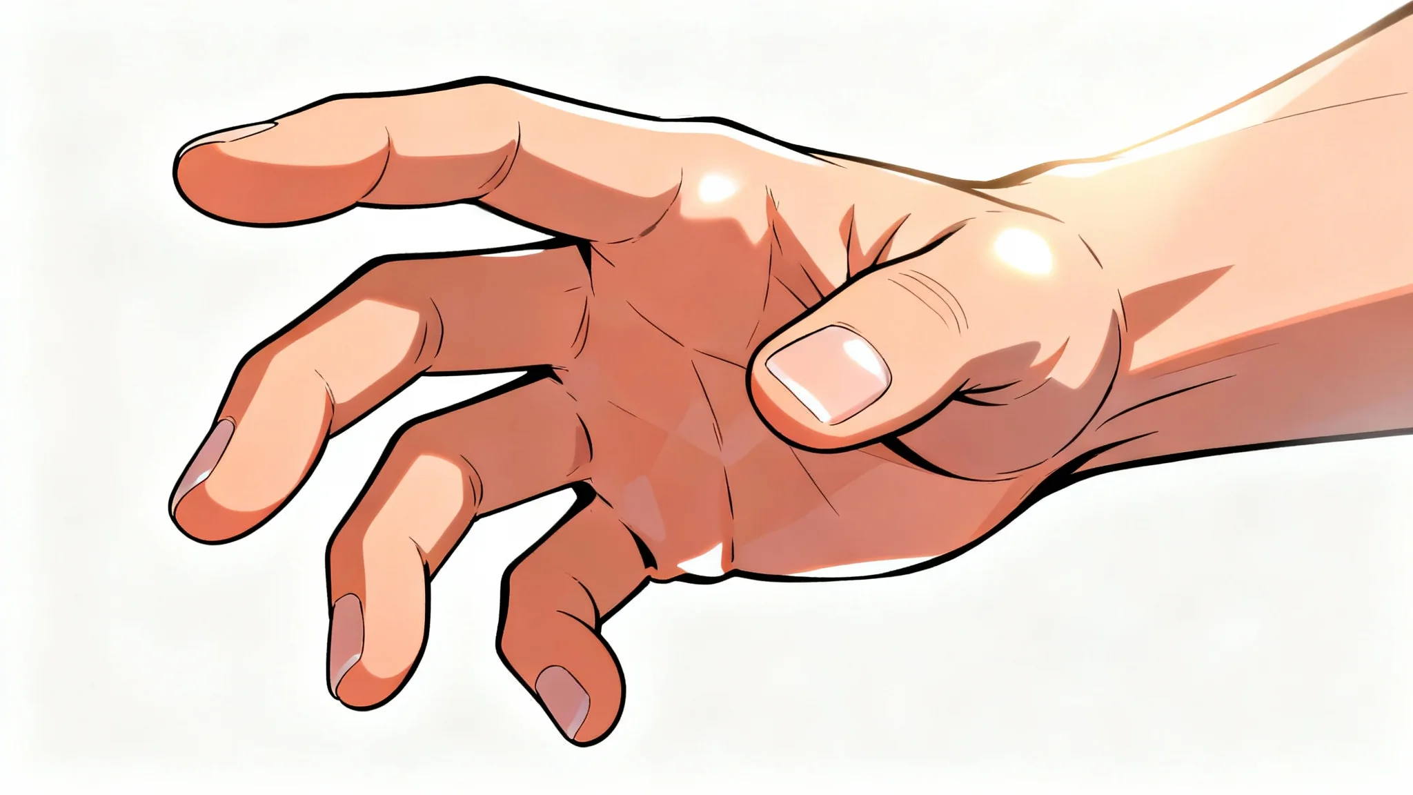 A detailed close-up of a beautifully shaded anime-style hand against a white background, demonstrating advanced artistic shading techniques with strong highlights and soft shadows.