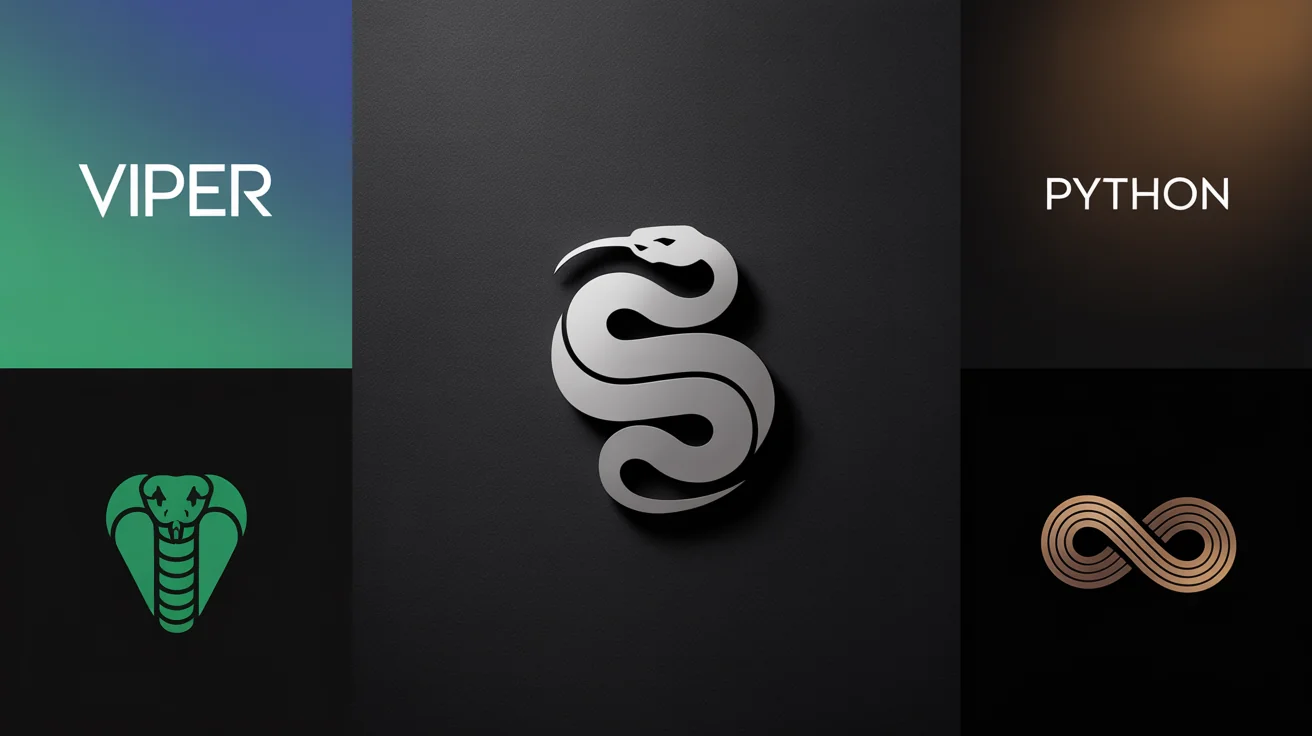 A showcase of three professionally designed snake logos against a dark background, representing the final output of a logo design tool.
