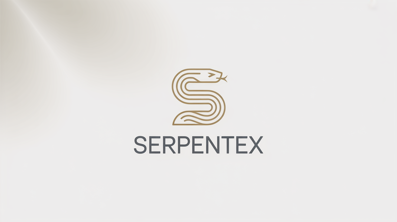 A modern, minimalist snake logo in metallic gold and charcoal gray, with the fictional brand name 'SERPENTEX' below it, displayed on a clean white background.