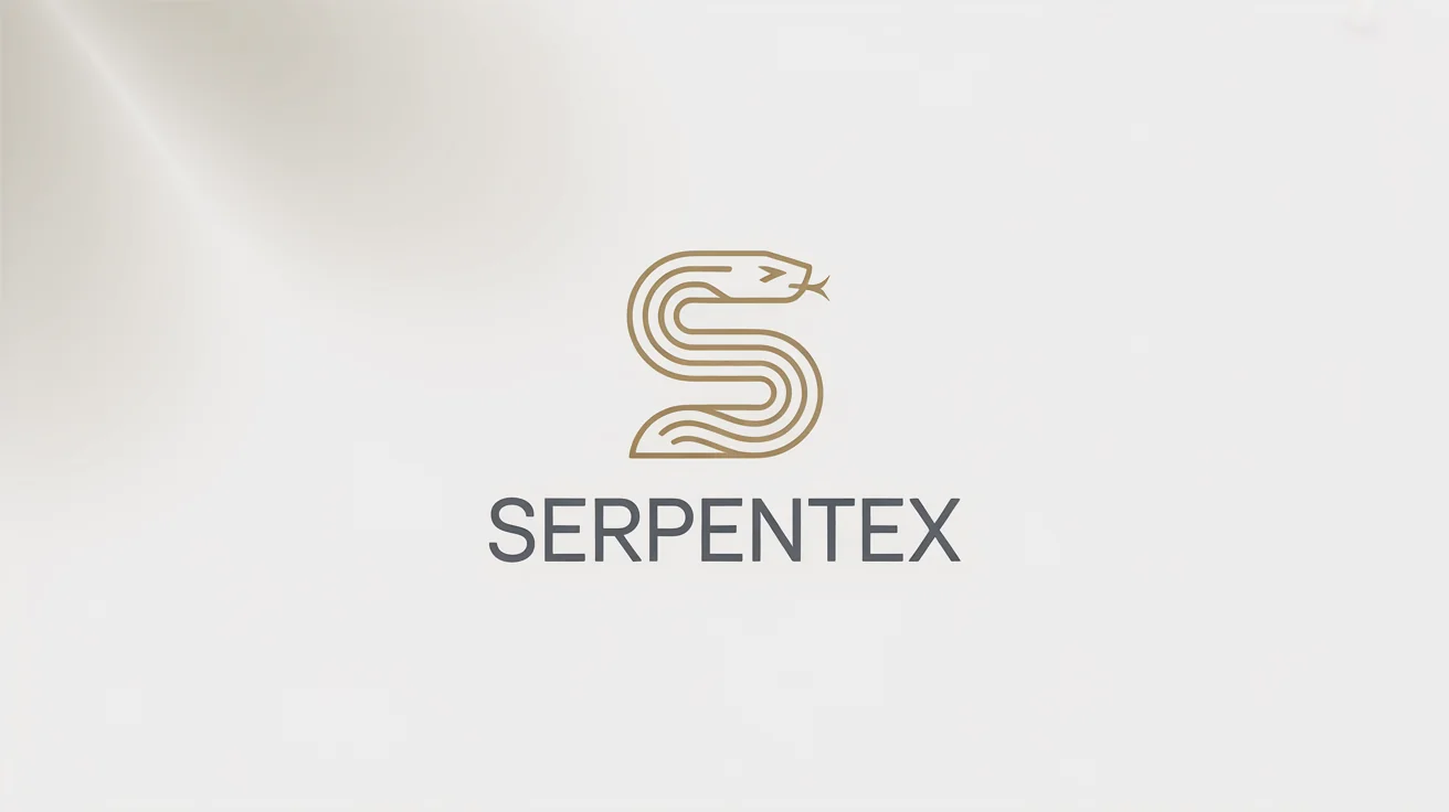 A modern, minimalist snake logo in metallic gold and charcoal gray, with the fictional brand name 'SERPENTEX' below it, displayed on a clean white background.