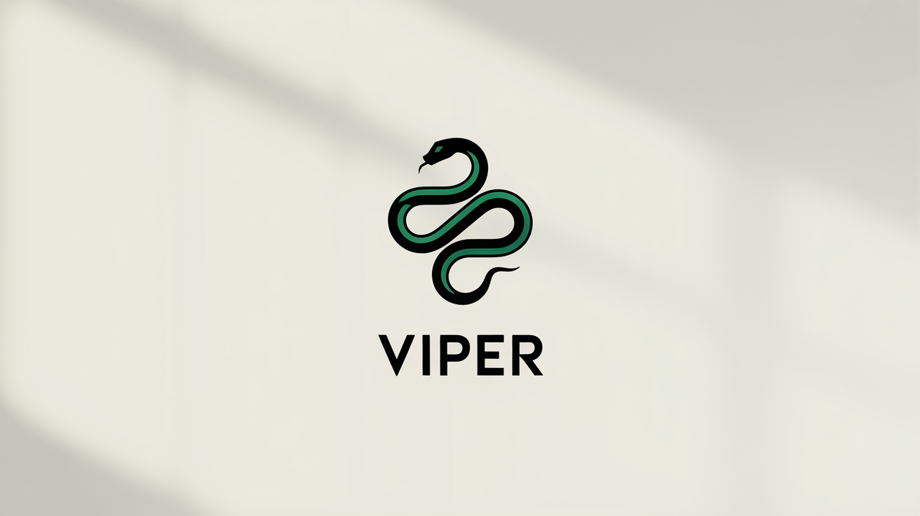 A modern, minimalist logo of a stylized snake in black and emerald green, with the fictional brand name 'VIPER' underneath, on a white background.