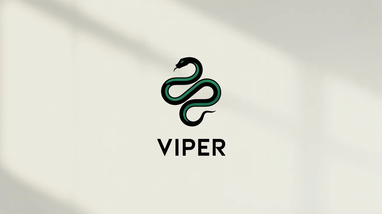 A modern, minimalist logo of a stylized snake in black and emerald green, with the fictional brand name 'VIPER' underneath, on a white background.