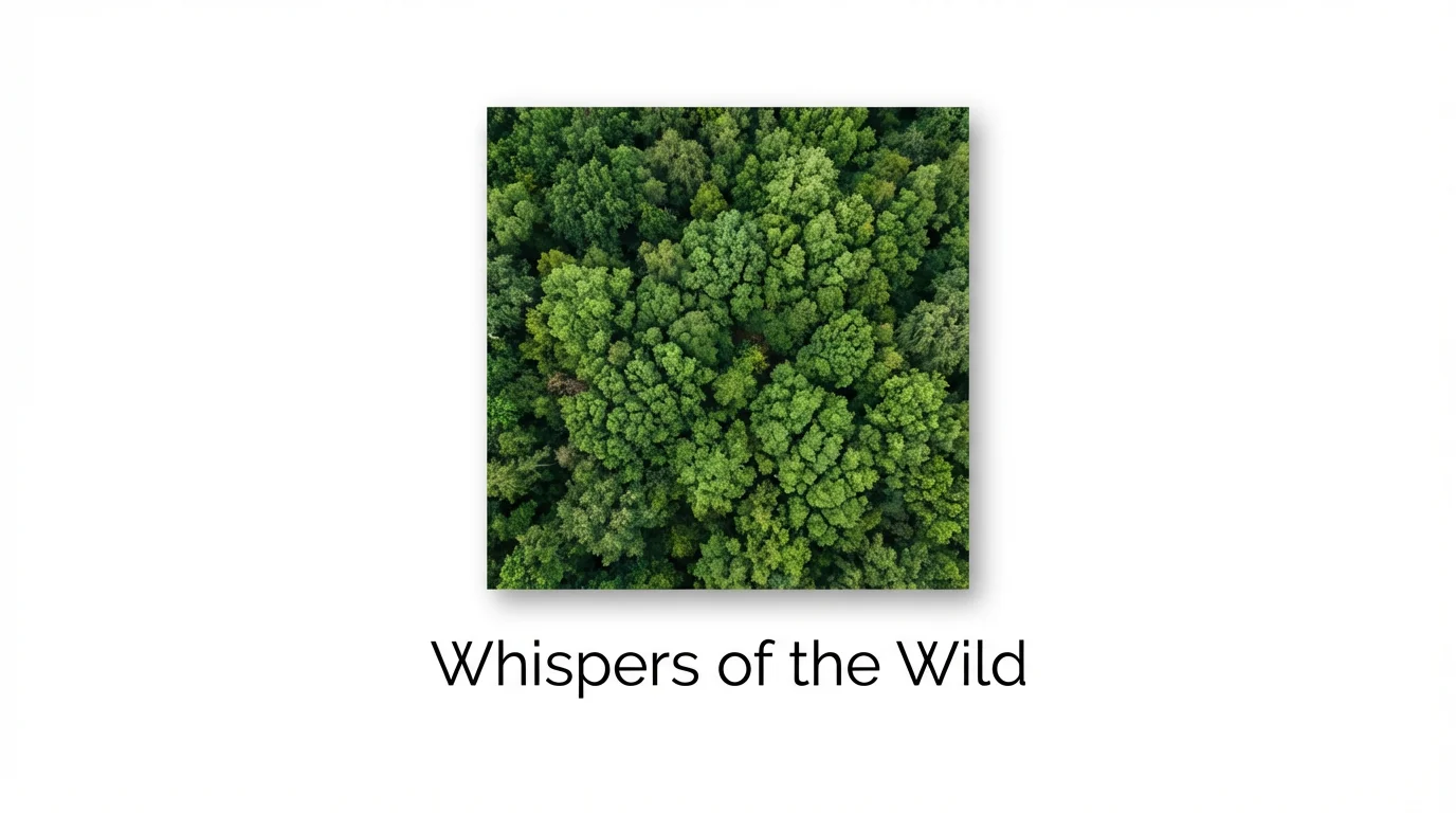 A mockup demonstrating adding a caption, showing a photo of a forest from above with the text 'Whispers of the Wild' written underneath, all on a clean white background.