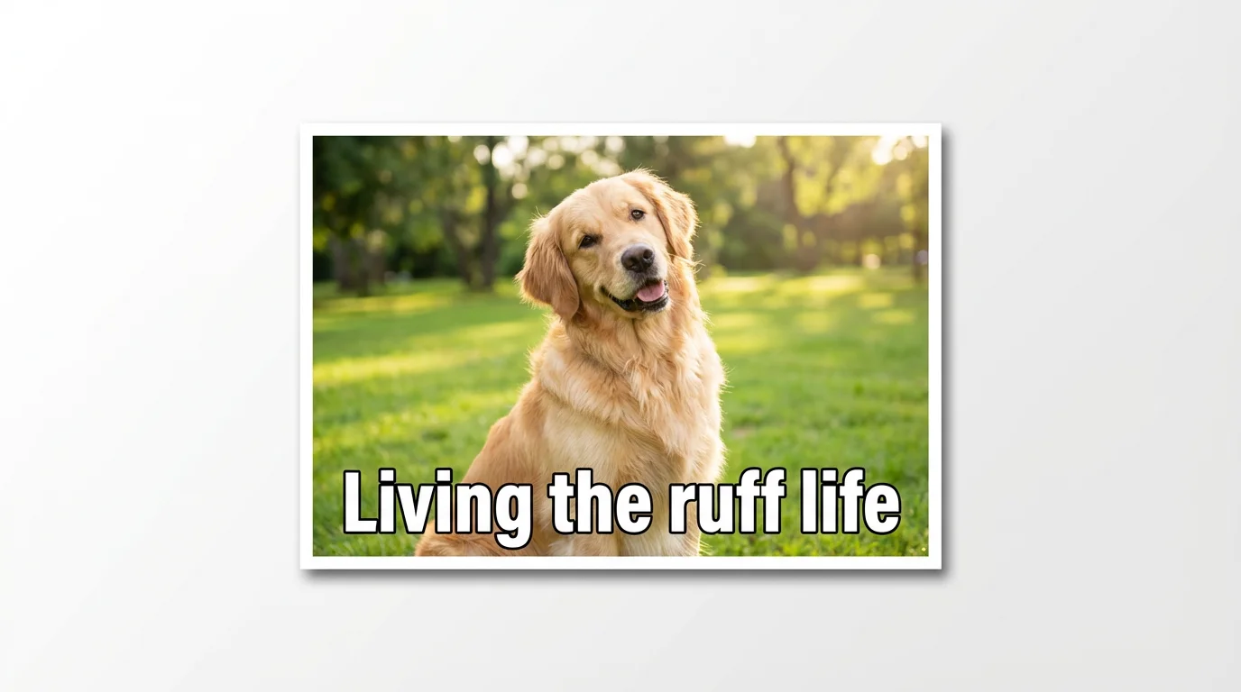 A mockup of a photograph of a golden retriever in a park, with a caption added at the bottom that reads 'Living the ruff life'. The entire image is on a clean white background.
