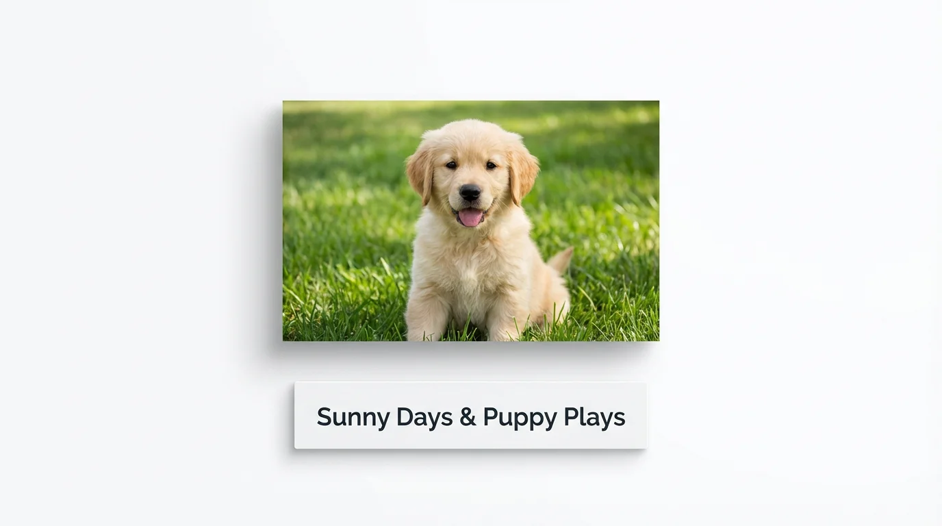 A mockup showing a high-quality photo of a golden retriever puppy on a lawn, with the caption 'Sunny Days & Puppy Plays' written underneath it, all on a clean white background.