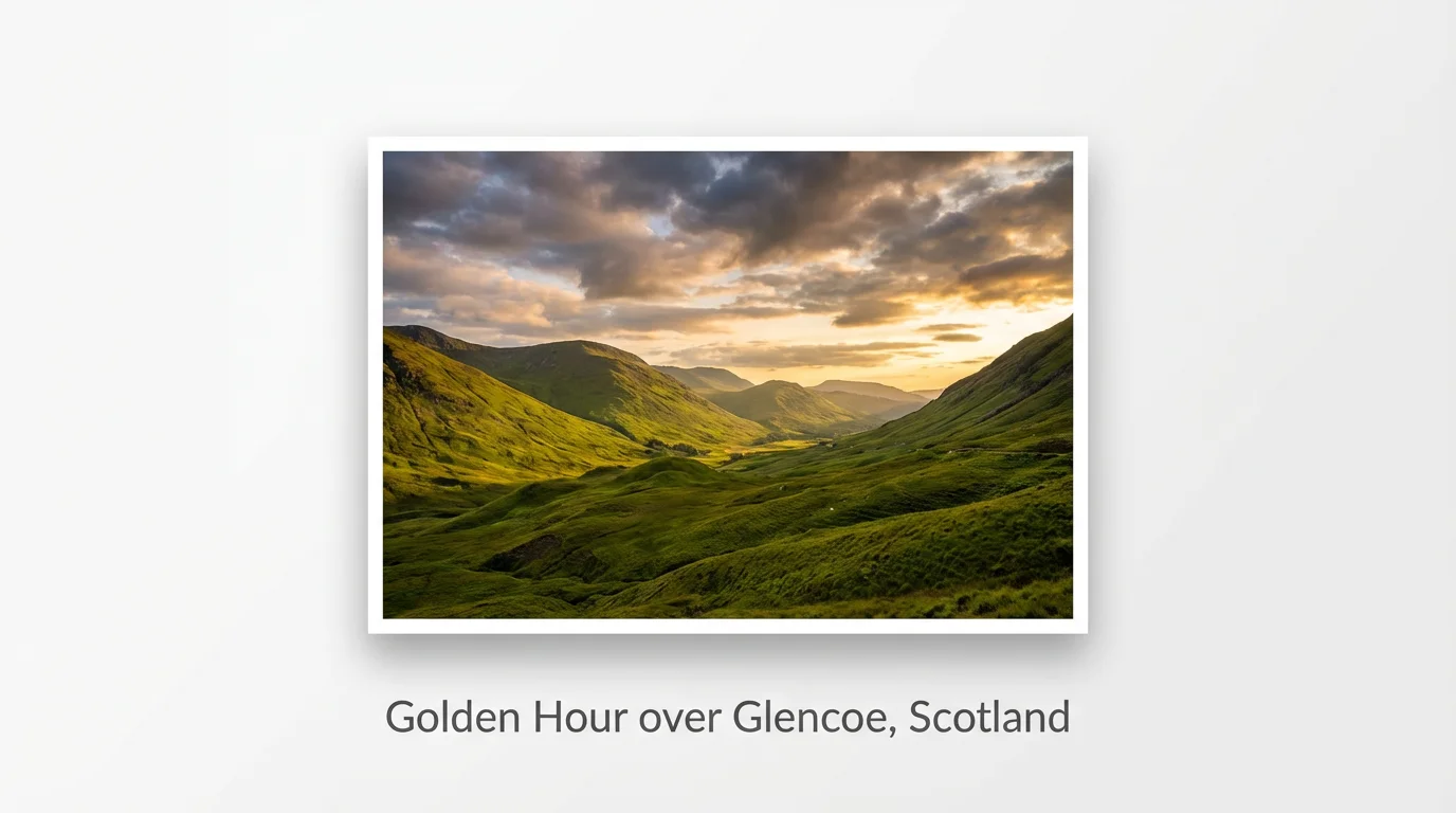 A mockup showing a beautiful photograph of the Scottish Highlands with a caption that reads 'Golden Hour over Glencoe, Scotland' underneath it, all set against a clean white background.