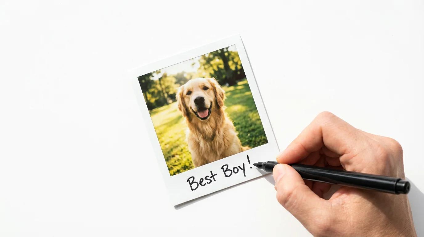 A close-up, top-down view of a hand writing 'Best Boy!' on the border of an instant photograph of a smiling golden retriever, all set against a clean white background.