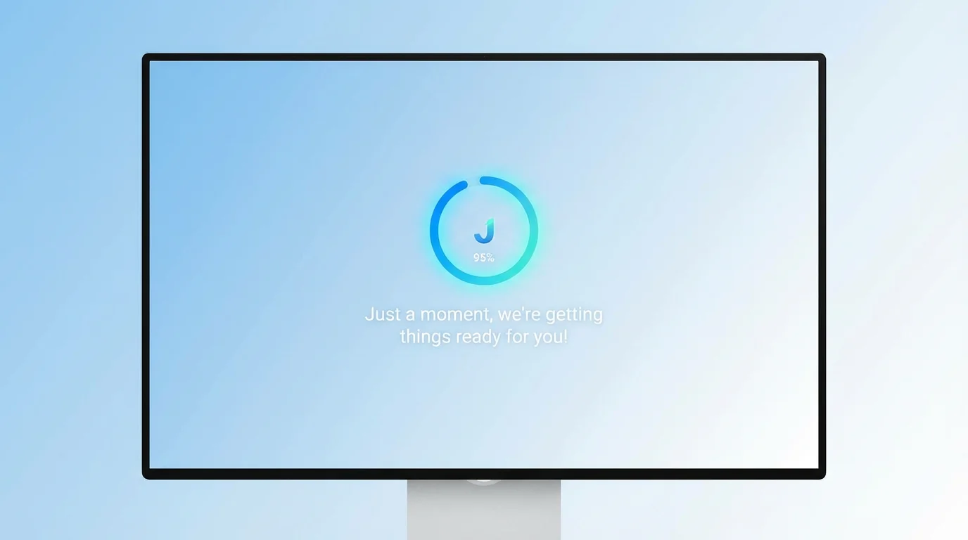 A professional mockup of a website loading screen with a blue-to-white gradient, a circular loading animation at 95%, and the text 'Just a moment, we're getting things ready for you!'