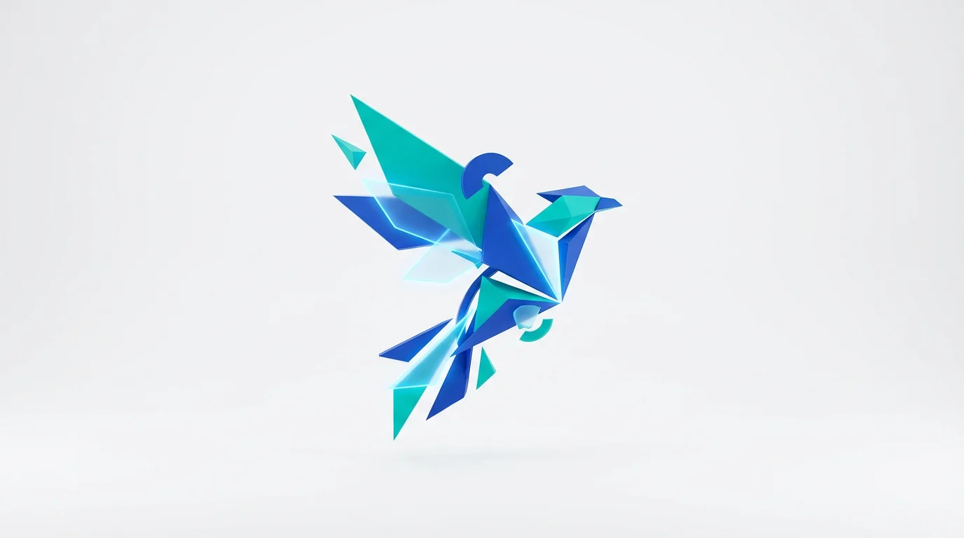 A modern, minimalist representation of a website loading animation on a white background. Abstract geometric shapes in blue and teal are shown assembling into a stylized bird icon, suggesting progress and transformation.
