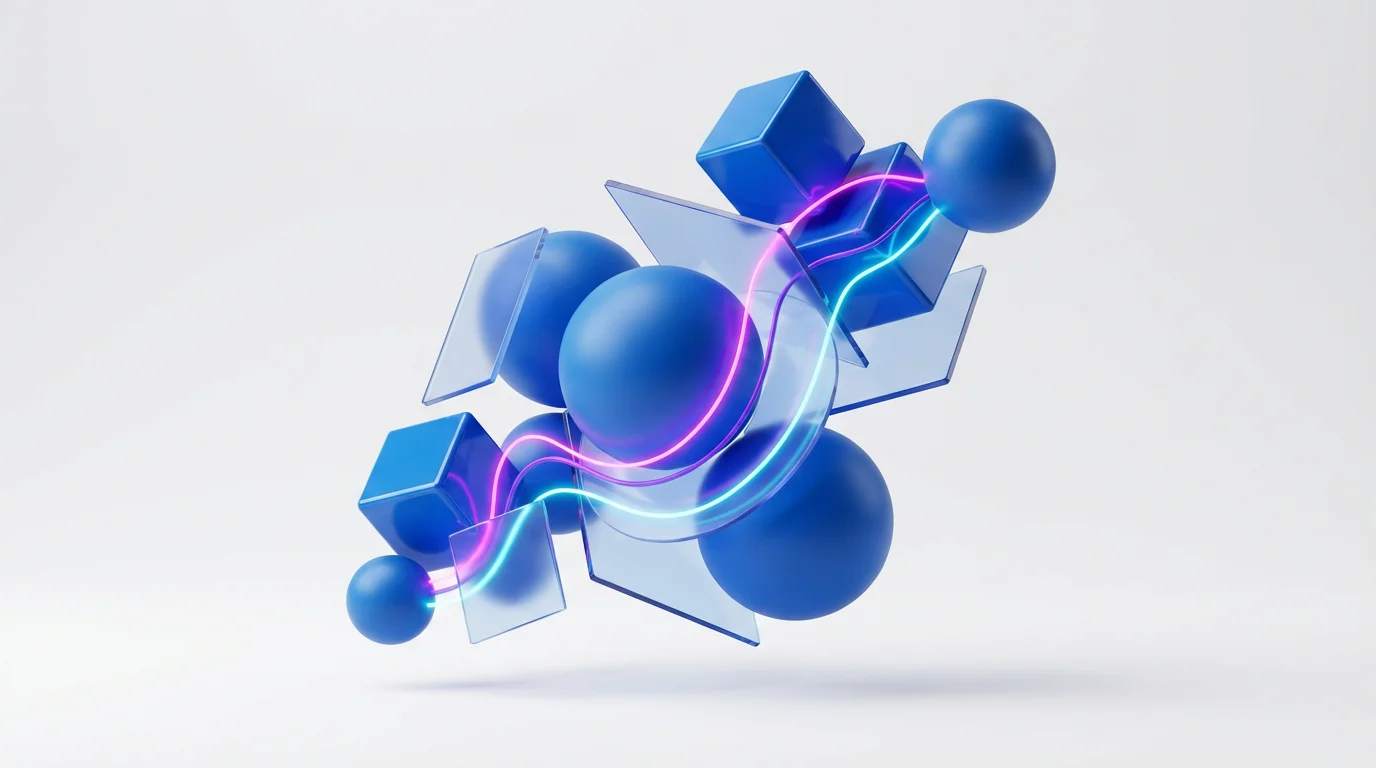 An abstract 3D rendering symbolizing a website loading screen, featuring floating spheres, cubes, and glowing neon lines coming together against a plain white background.