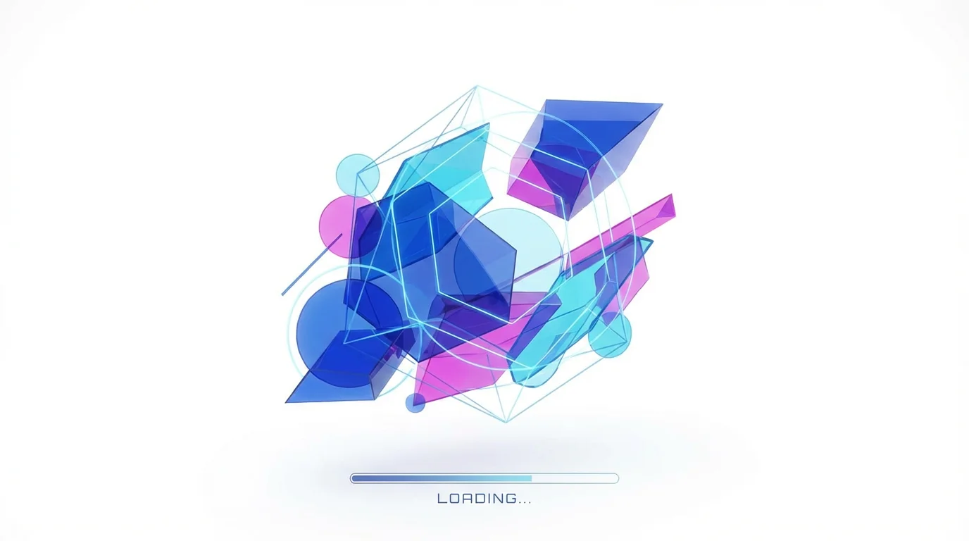 An abstract illustration of a website loading screen, featuring vibrant blue and pink geometric shapes assembling themselves on a clean white background, symbolizing progress and digital construction.