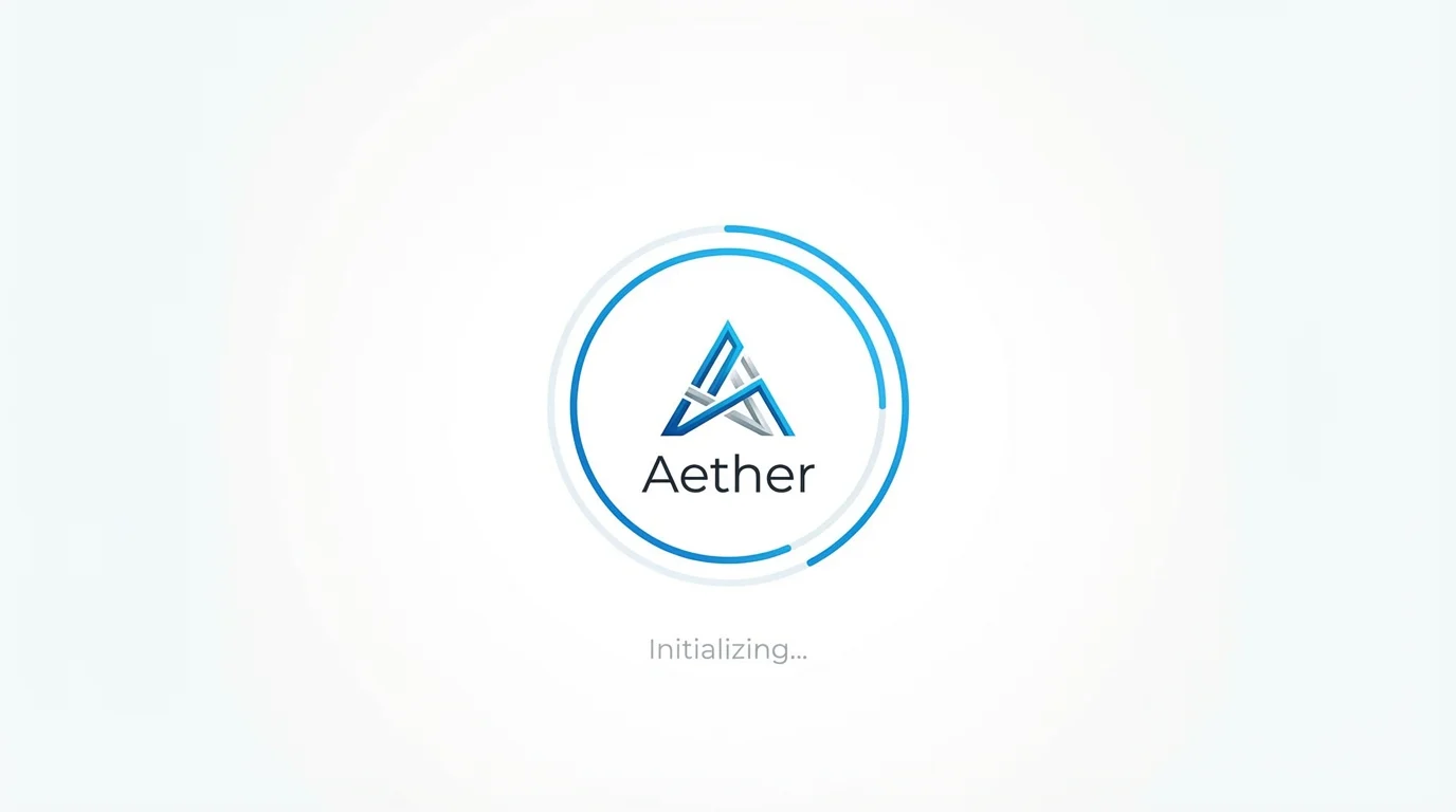 A minimalist website loading screen mockup on a white background. It features a central logo with a blue circular progress bar animating around it, and the text 'Aether' and 'Initializing...' below.
