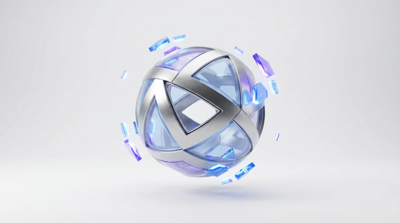 An abstract 3D rendering of a complex geometric orb being assembled from smaller glowing polygons against a white background, symbolizing a website loading screen.