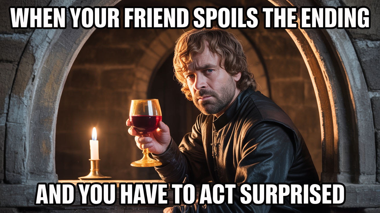A Game of Thrones meme featuring a character resembling Tyrion Lannister holding a goblet of wine. The text on the meme humorously describes having to act surprised after a friend spoils the ending of a show.