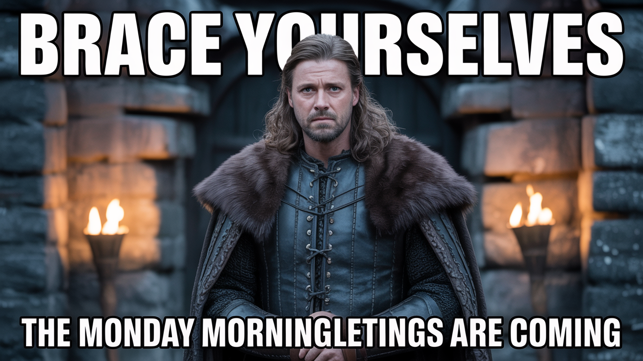 A popular meme from a fantasy TV show featuring a serious-looking medieval lord. The text on the meme reads, 'Brace yourselves, the Monday morning meetings are coming'.