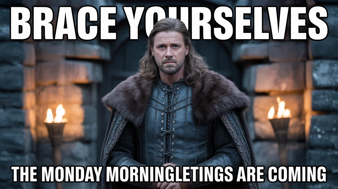 A popular meme from a fantasy TV show featuring a serious-looking medieval lord. The text on the meme reads, 'Brace yourselves, the Monday morning meetings are coming'.