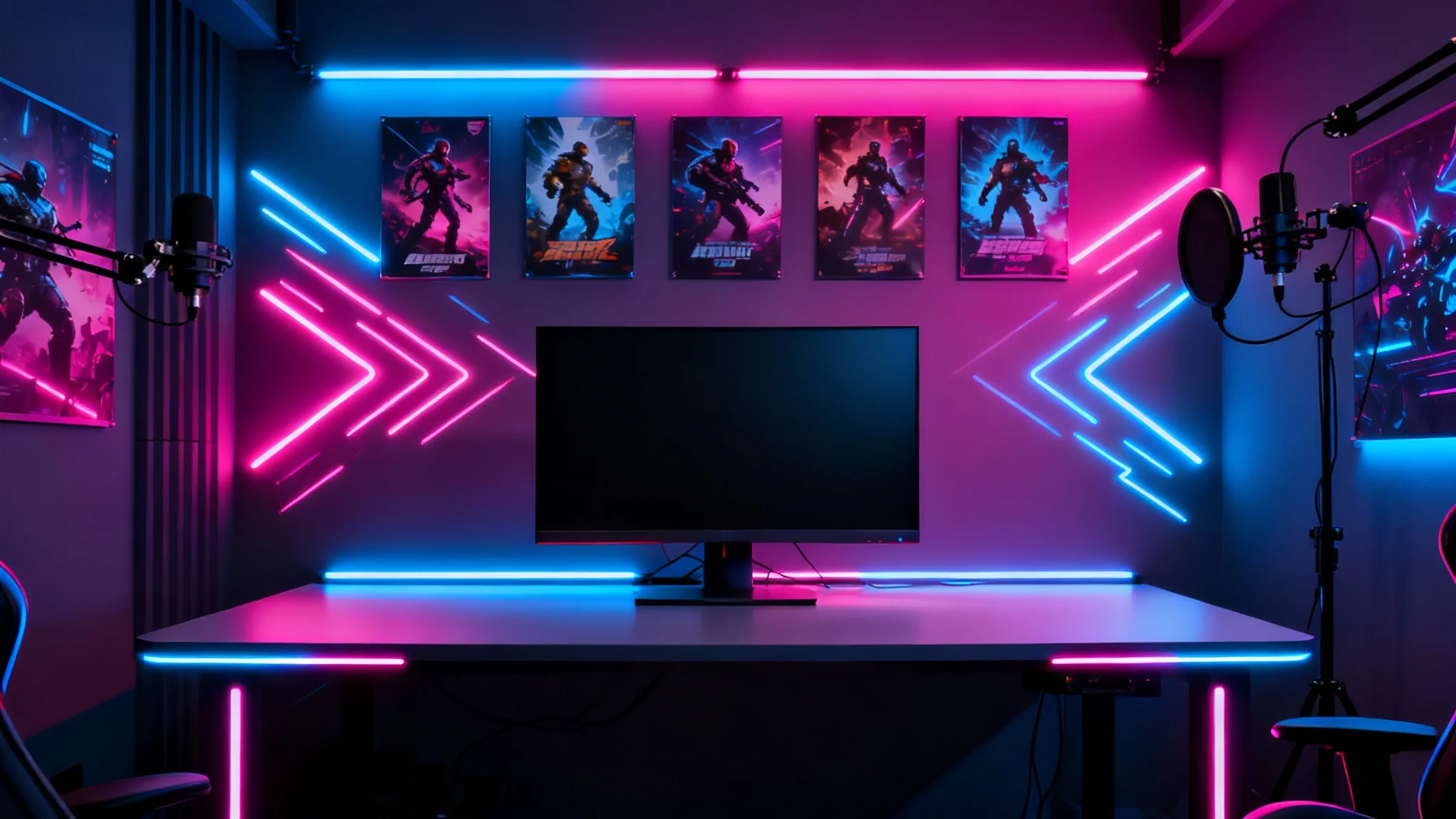 A professional gaming stream background showing a stylish room with vibrant pink and blue neon lights, glowing posters on the wall, and an empty desk with a monitor.