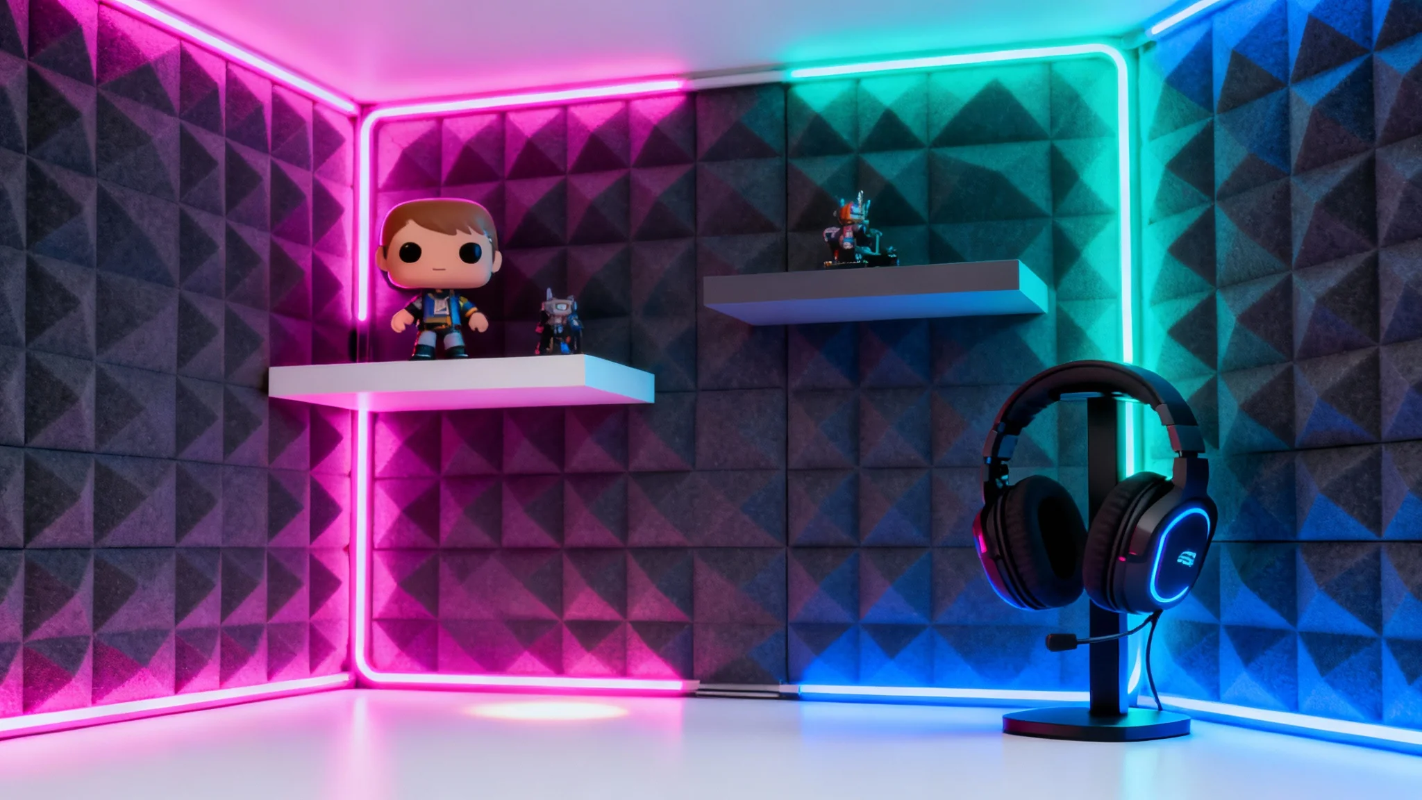 A photorealistic mockup of a futuristic stream background showing a gamer's room with neon-lit geometric wall panels and shelves with collectibles, all on a crisp white background.