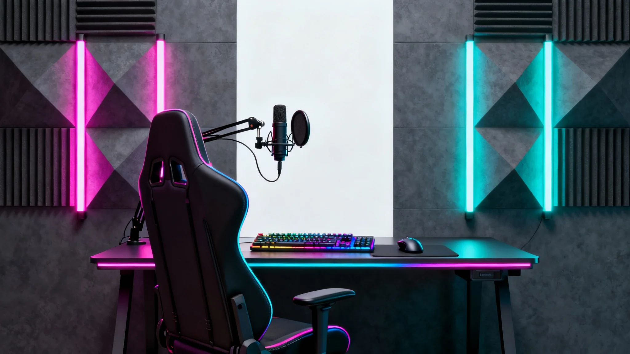 A professional streaming background setup with a gaming chair, desk, and vibrant neon RGB lighting, presented as a clean mockup on a white background.