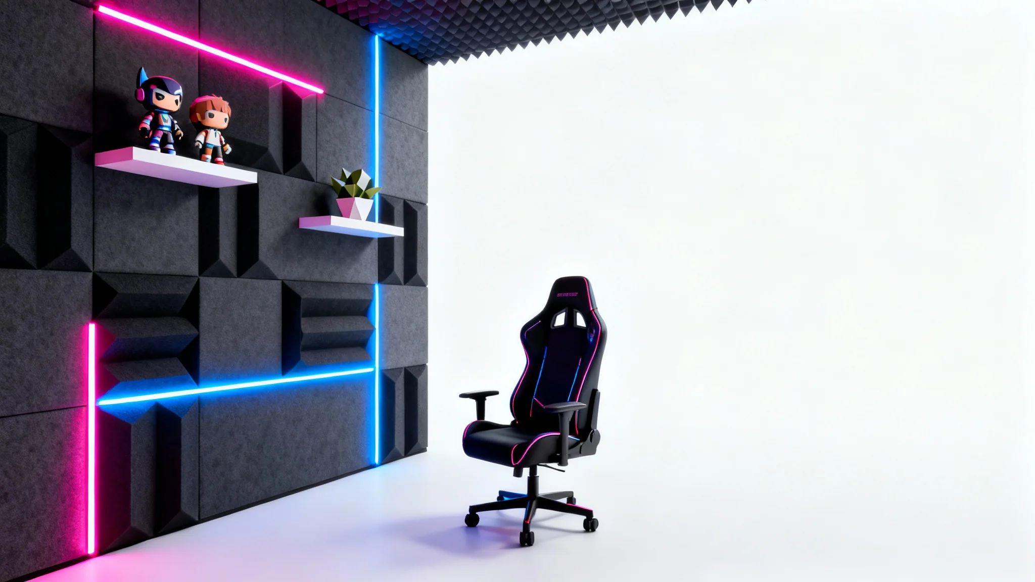 A professional streaming background setup featuring a dark wall with geometric panels and vibrant pink and blue neon lights, with an empty gaming chair in the foreground, all displayed on a clean white background.