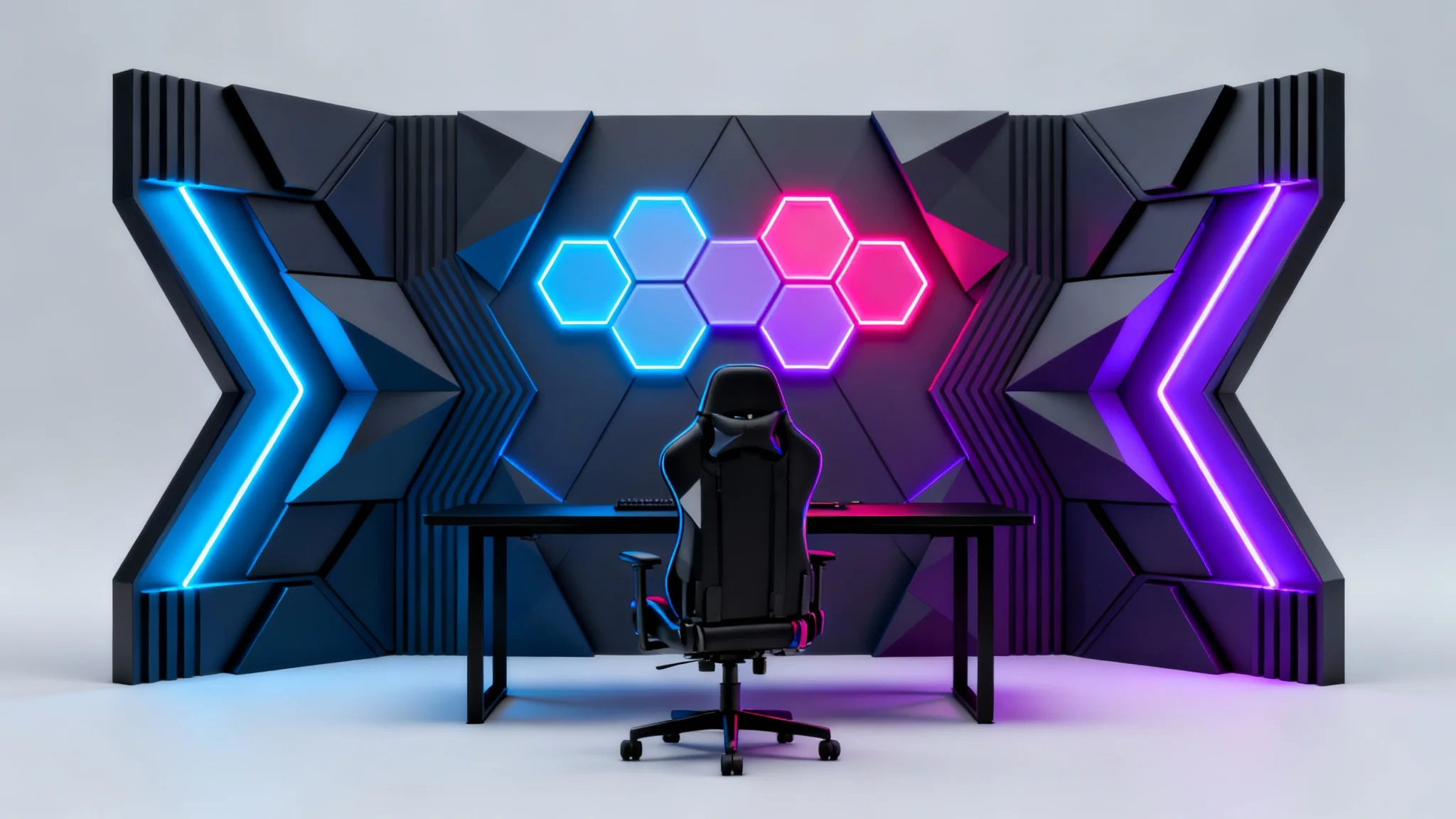 A futuristic stream background setup with glowing blue and purple geometric panels, viewed from behind an empty gaming chair and desk, on a clean studio background.