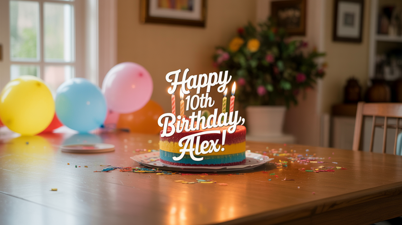 A birthday party photo featuring a cake and balloons, with the text 'Happy 10th Birthday, Alex!' stylishly added over the image as a design element.