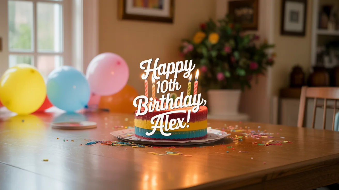 A birthday party photo featuring a cake and balloons, with the text 'Happy 10th Birthday, Alex!' stylishly added over the image as a design element.
