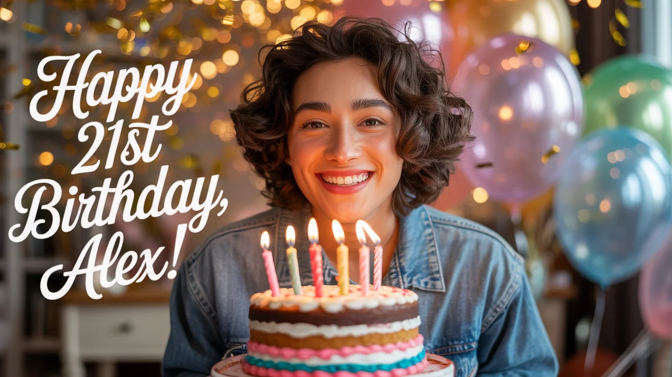 A photograph of a person smiling at their birthday cake, with the text 'Happy 21st Birthday, Alex!' overlaid on the image.