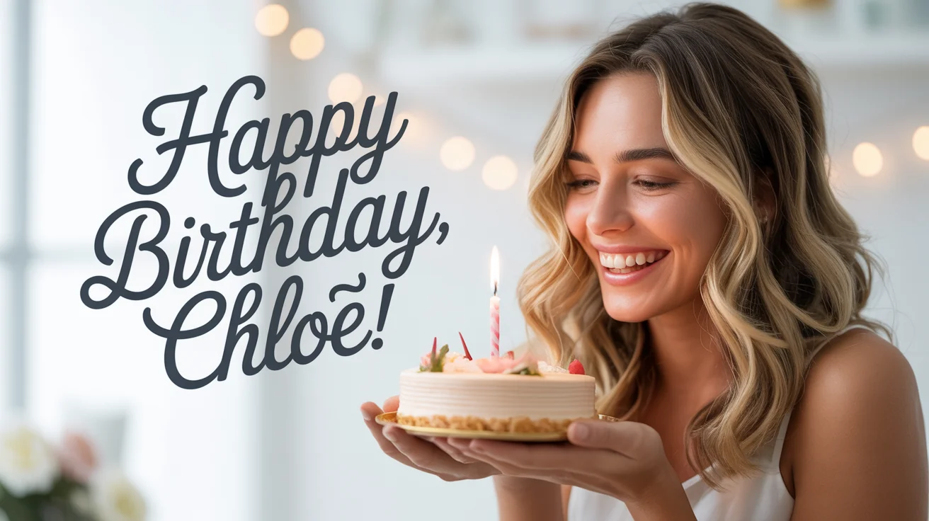A young woman smiles while holding a small birthday cake with a lit candle. Text overlaid on the photo reads 'Happy Birthday, Chloe!'.