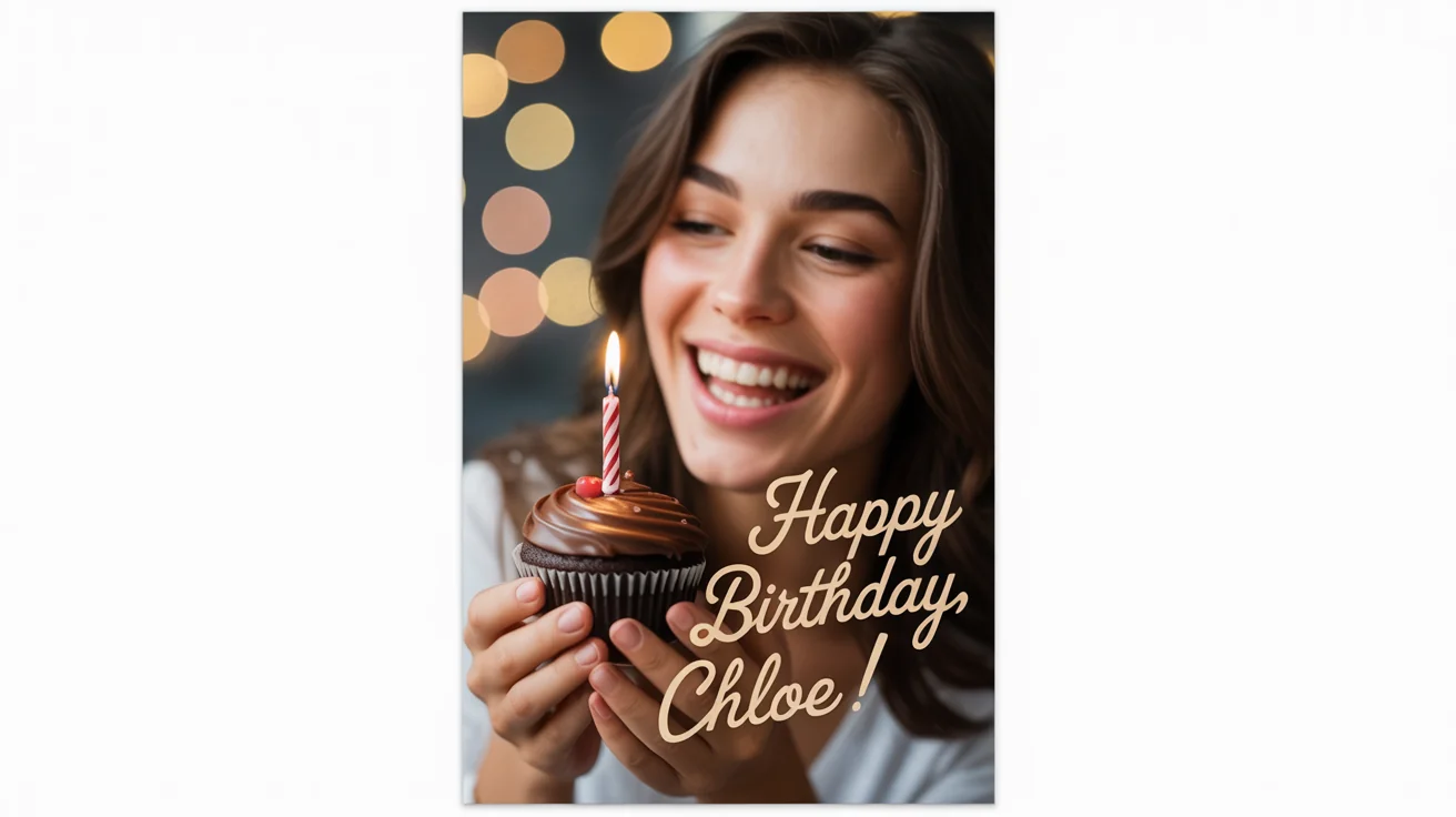 A birthday photo of a smiling woman holding a cupcake with a lit candle. Gold text overlaid on the image reads 'Happy Birthday, Chloe!'.